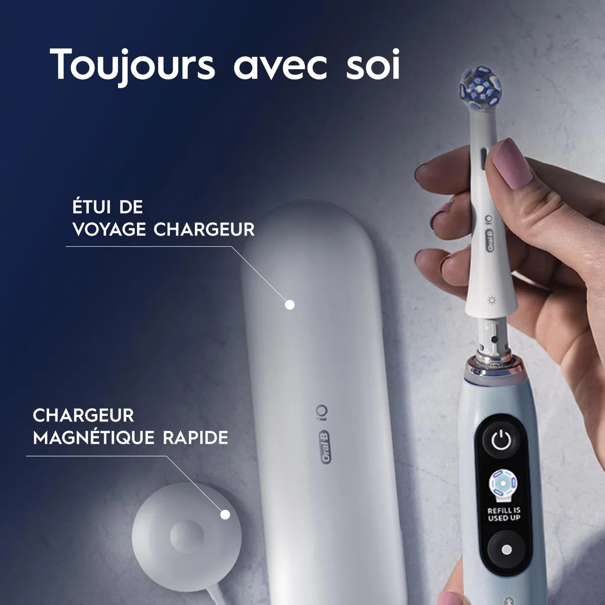 Oral-B Brosse A Dents Electrique iO 9 Bleue, 7 Modes De Brossage Dont Blancheur Et Soin Des Gencives, 16 Zones De Nettoyage, Ecran Interactif, Brossette Oral B De Rechange, Etui De Voyage