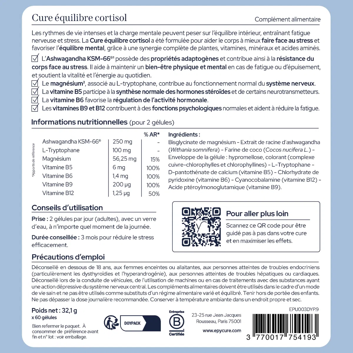 EPYCURE - Cure Équilibre Cortisol - 100% Naturel - Réduit Cortisol, Soulage Stress & Fatigue Nerveuse - Ashwagandha, Magnésium Bisglycinate, L-Tryptophane, Vitamines B - 1 Mois