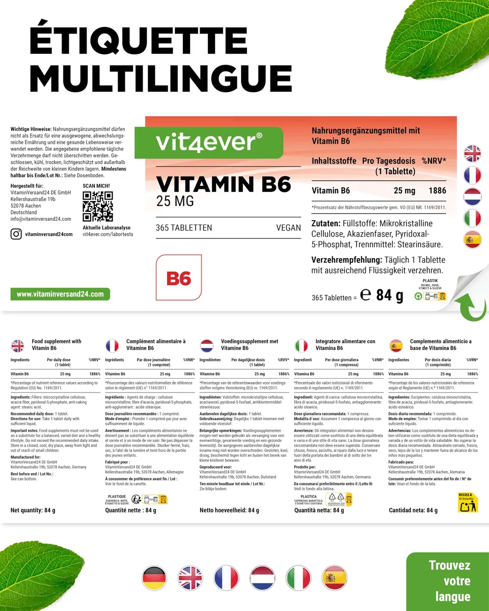 vit4ever Vitamine B6 sous Forme de P-5-P - 365 Comprimés - Hautement Dosée à 25 mg (Pyridoxal-5-Phosphate) - Premium : Vitamine B6 Bioactive - Sans Additifs Indésirables - Vegan