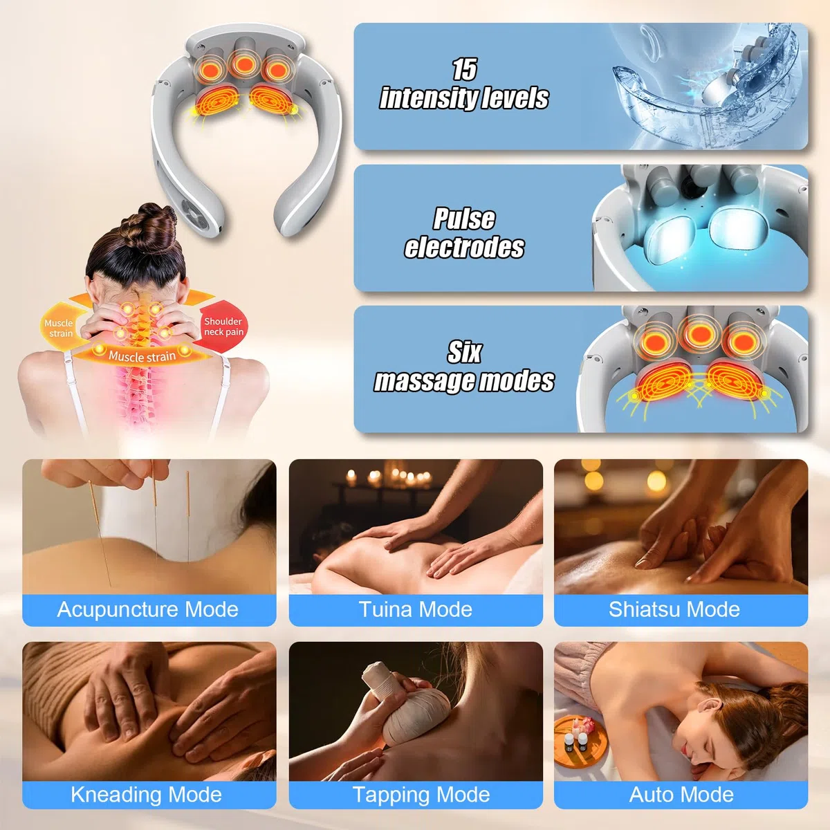 Masseur Cervical, Massage Cou Portable Vocale Intelligente avec Thérapie Thermique à 42°C, 6 Modes 15 Intensités, Masseur électrique à impulsions cervicales pour Bureau, Maison, Voyage