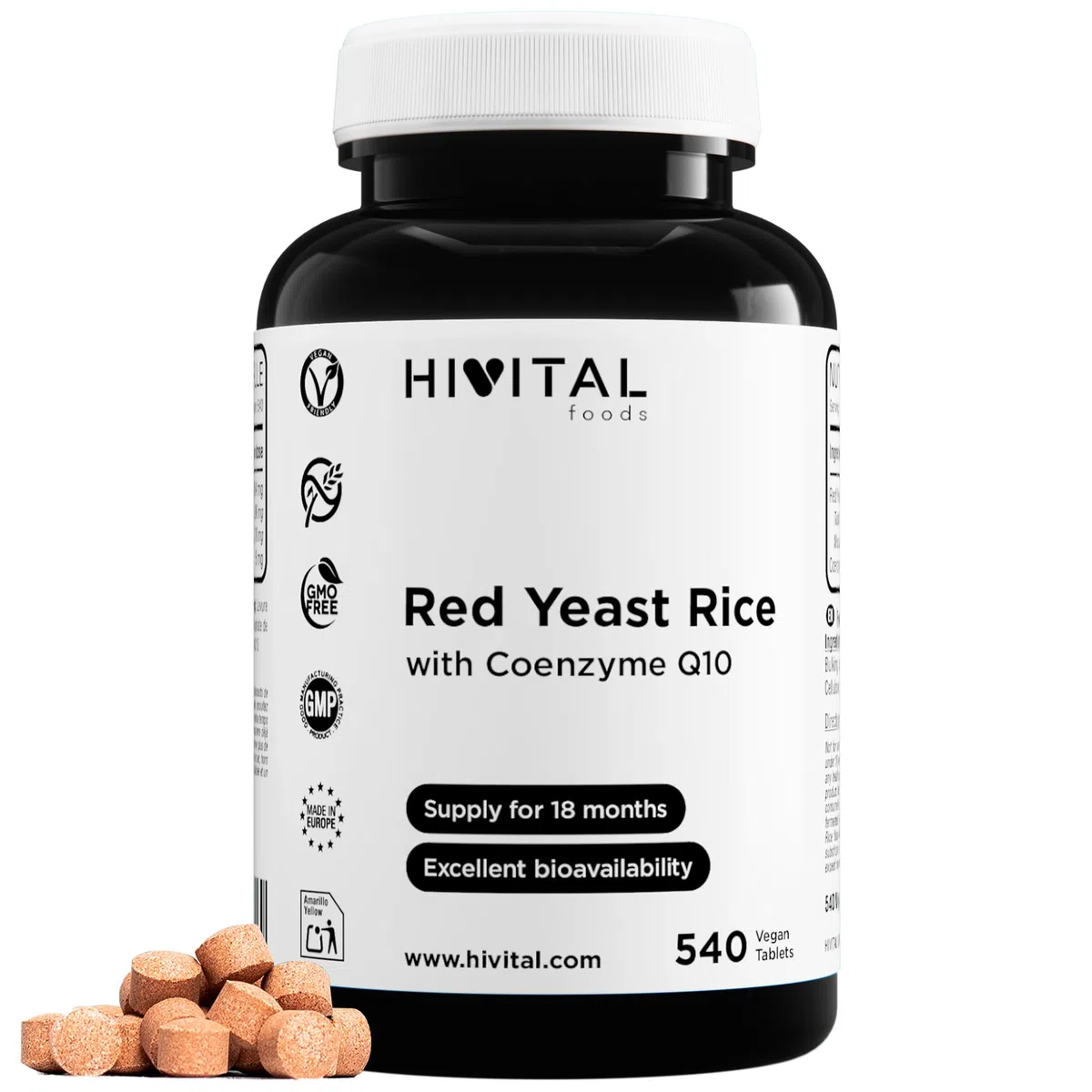 Levure de Riz Rouge concentrée avec Coenzyme Q10. 540 comprimés végétaliens pour 18 mois de traitement. Complètement naturel. Sans Citrinines. Fabriqué en Europe par HIVITAL