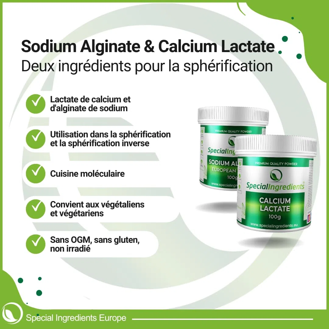 Special Ingredients Lactate De Calcium & Alginate De Sodium, Cuisine Moléculaire, Paquet de deux ingrédients, Idéale pour la sphérification de base et à la sphérification inversée - 2 x 50 gramme