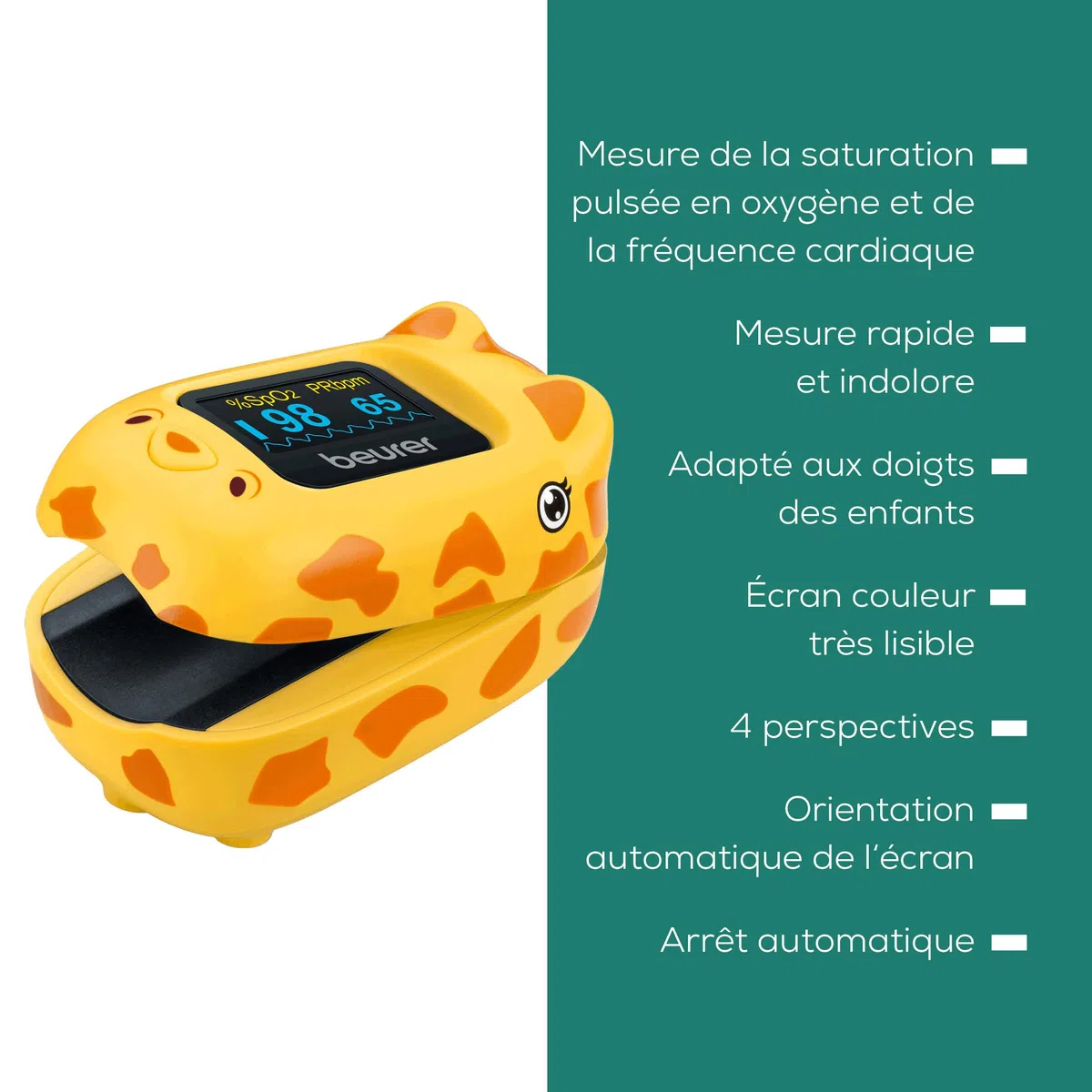 Beurer PO 13 Kids, oxymètre de pouls digital pour enfants, mesure du pouls et de la saturation en oxygène en quelques secondes, petit format,alignement automatique de l'écran, avec sacoche de ceinture