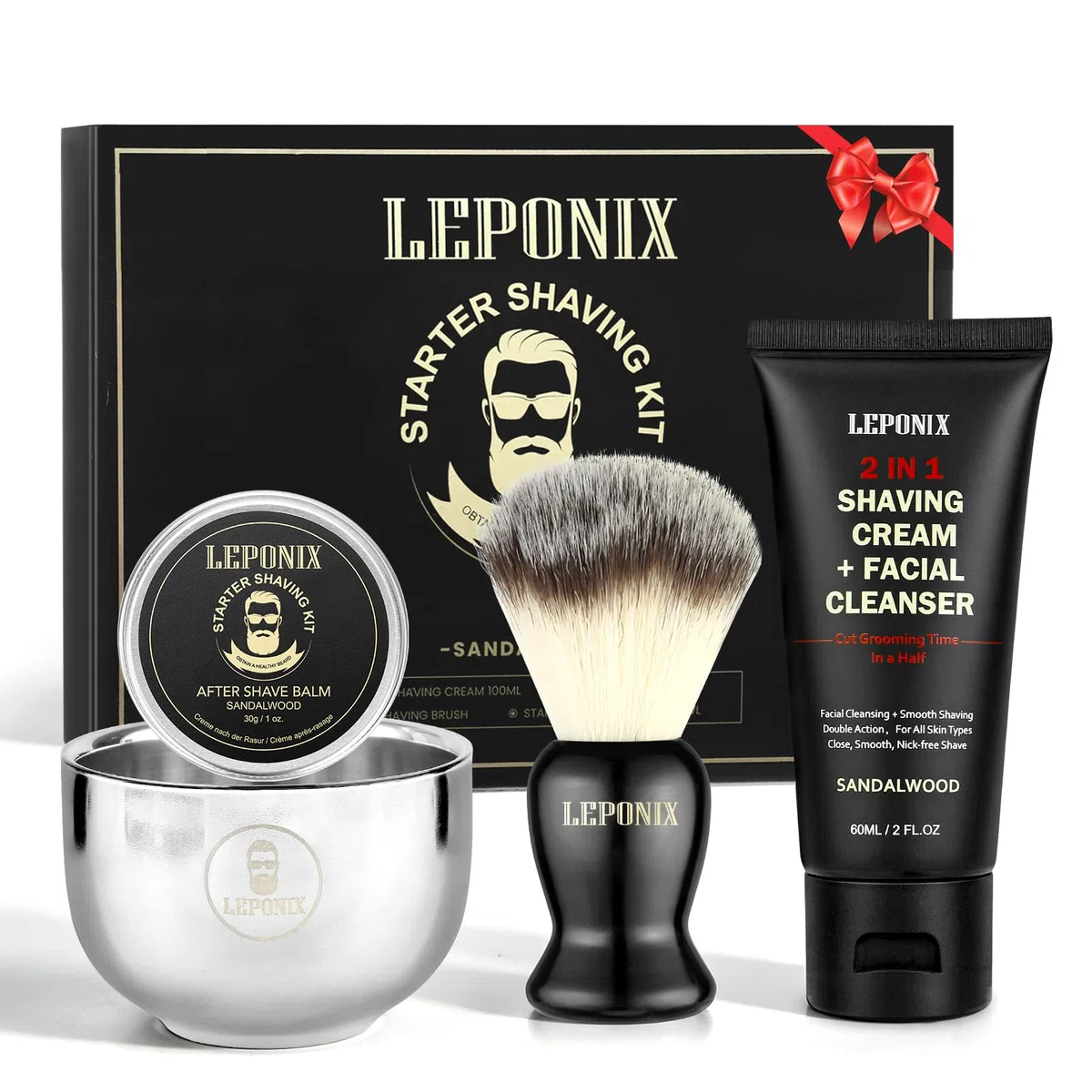Coffret de rasage voyage conforme TSA | 2-en-1 nettoyant & crème de rasage, blaireau, bol, baume après-rasage | Cadeau pour homme