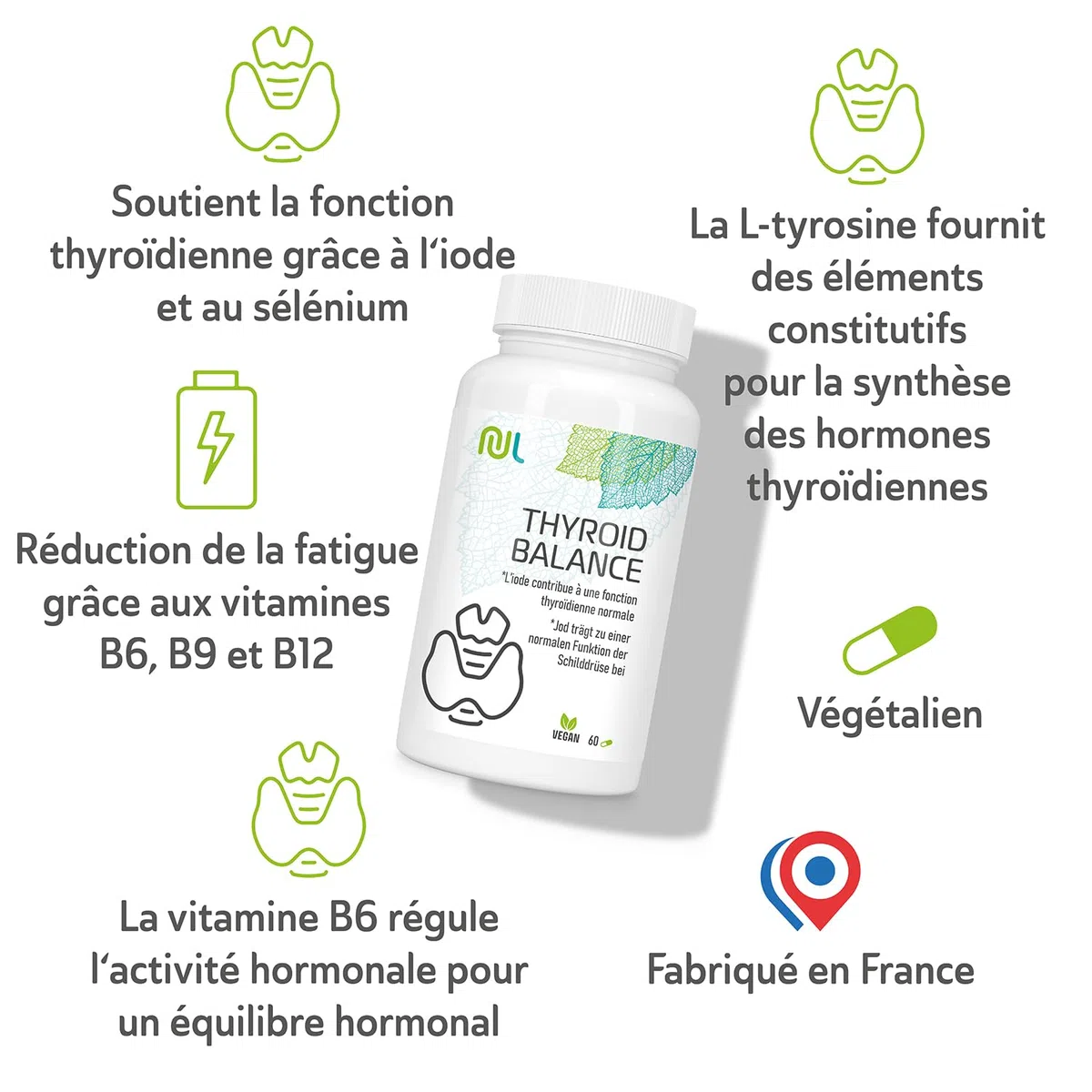 Thyroid Balance - 60 Gélules Végétales - Complément Thyroïde - Soutien Thyroïdien et Équilibre Hormonal - Enrichi en Iode, Sélénium, Zinc - Fabriqué en France - Sans Gluten ni Lactose - Nutri Life