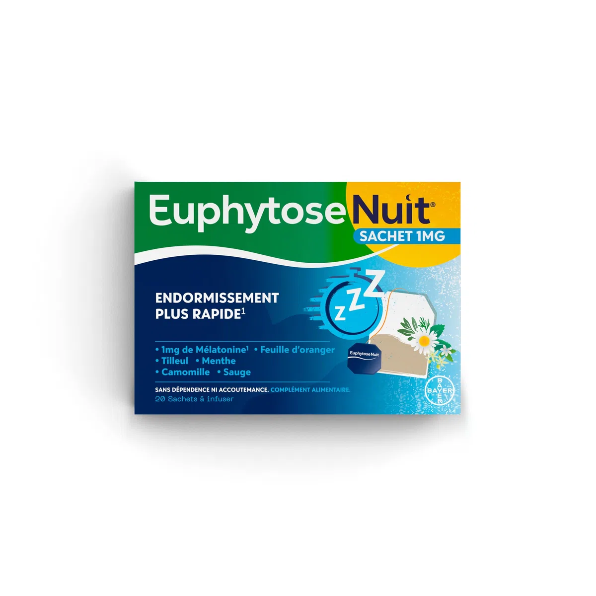 EuphytoseNuit Sachet - Complément alimentaire sommeil adulte - Mélatonine 1mg Endormissement rapide - Feuille d'Oranger - 3 Packs de 20 Sachets à infuser - 20 nuits de sommeil - Fabriqué en Europe