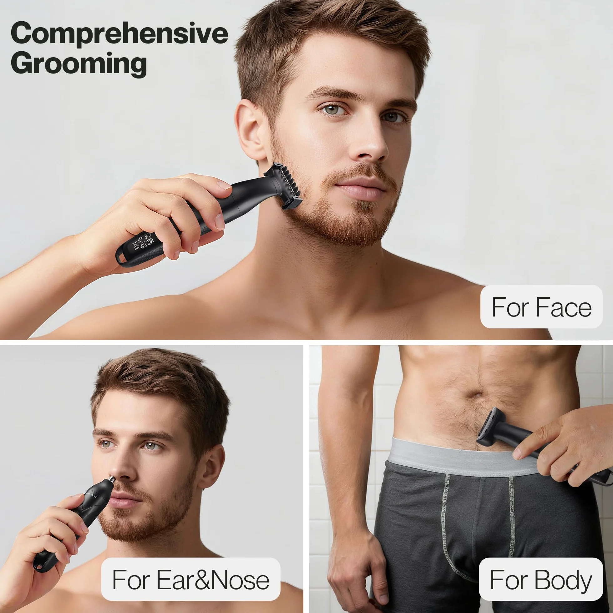 BarberBoss Tondeuse de précision 3-en-1 pour homme, kit de soins pour barbe et cheveux, tondeuse corps, tondeuse nez et oreilles, rasoir sans fil rechargeable avec chargement USB (Noir)