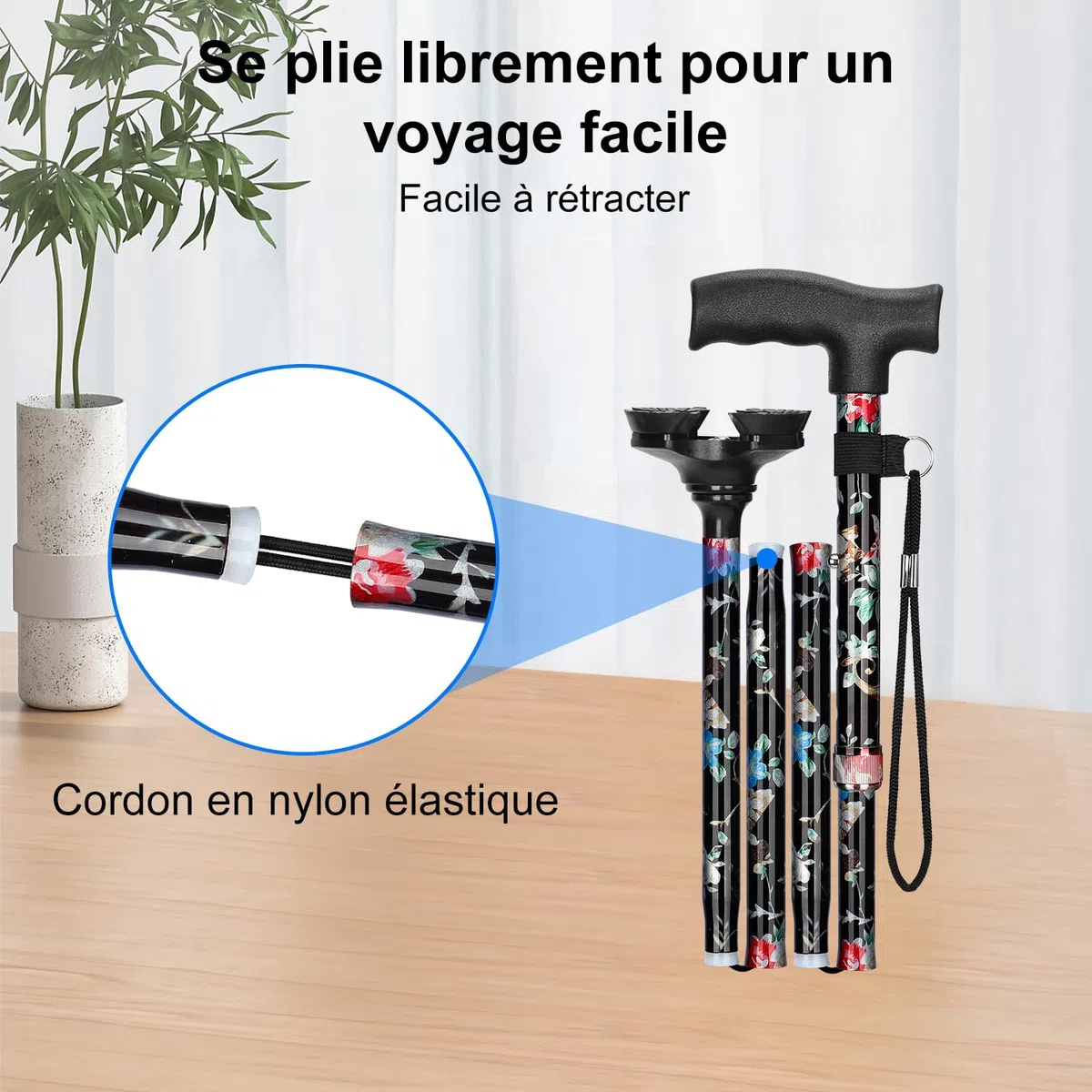 supregear Canne Pliante, Canne Pliante Réglable à 5 Niveaux avec Poignée en T et Dragonne Anti-Perte Antidérapante Autoportante Support en Caoutchouc à 4 Pieds pour Âgé Désactivé Homme Femme