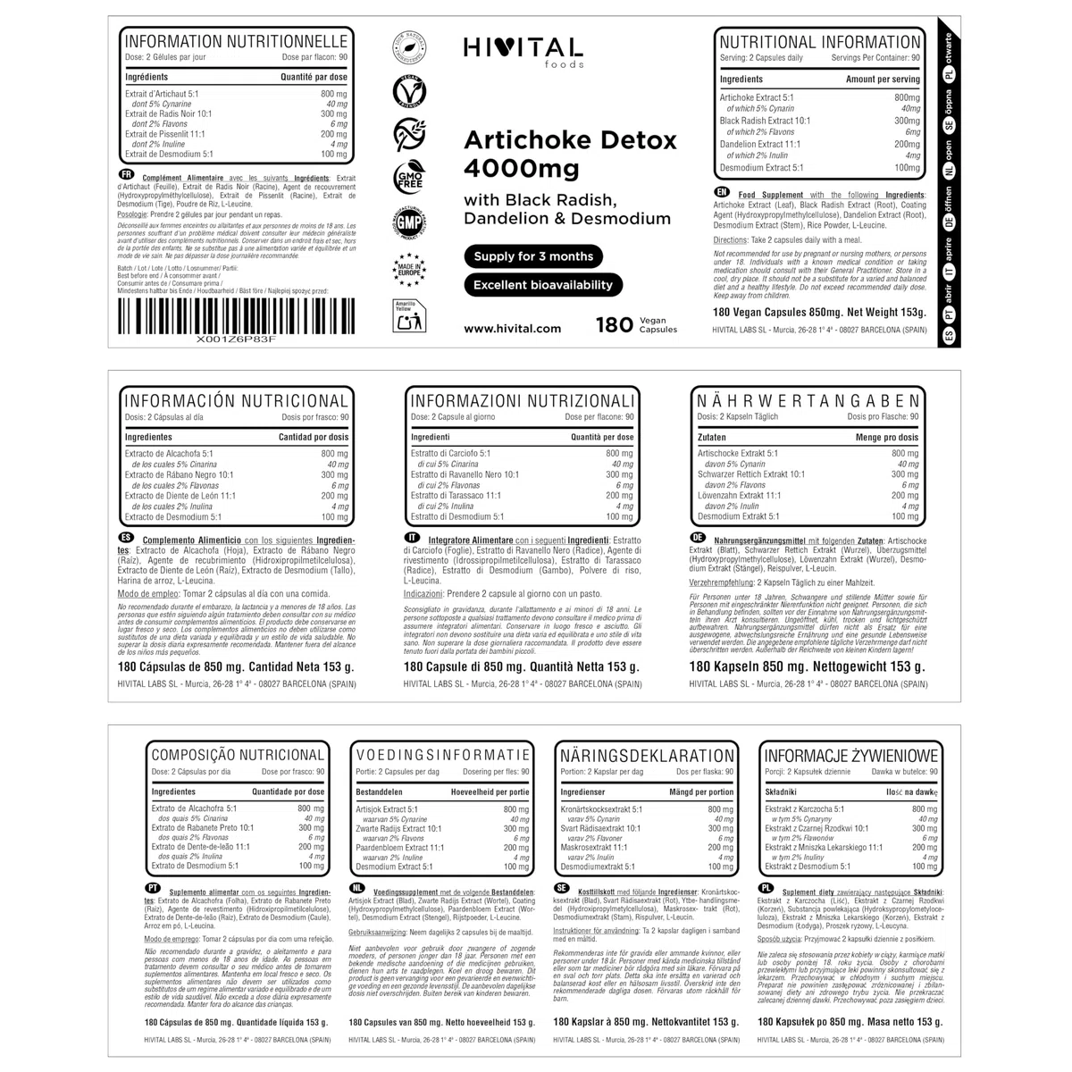 Artichaut Detox 4000 mg. 180 gélules végétaliennes pour 3 mois de traitement. A base d'Artichaut, de Radis Noir, de Pissenlit et de Desmodium. Fabriqué en Europe par HIVITAL