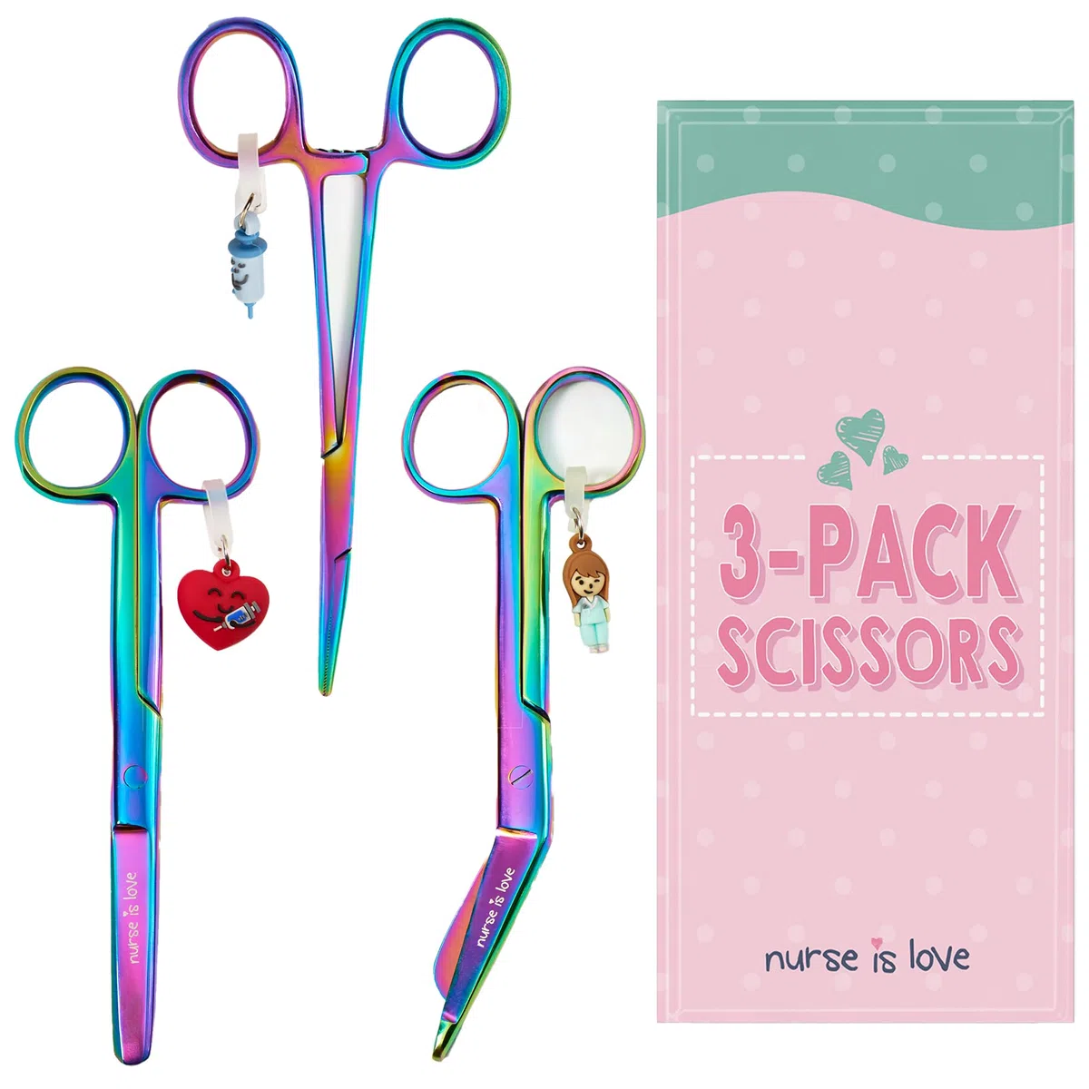 Nurse is Love Set 3 pièces Ciseaux Infirmiers Pico de Pato & Droits Mayo + Outil de Fixation | Ciseaux à Pointe Roma, Accessoires Infirmière, Premiers Secours - Cromium