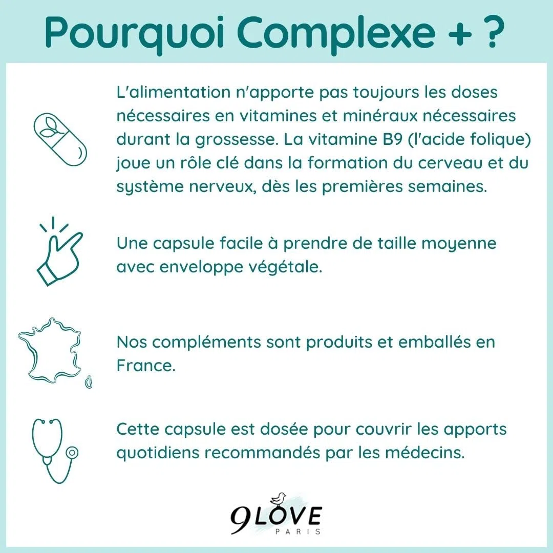 9LOVE - Acide Folique Vitamine B9 - Complément Grossesse, Conception et Fertilité - COMPLEXE+ 60 capsules - 13 Vitamines, Minéraux et compléments dont B12, D3, Iode, Zinc