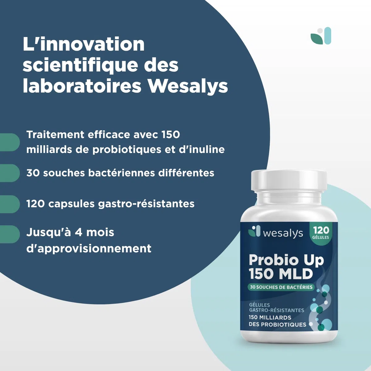 Probiotique flore intestinale - 150 Milliards UFC/Jour - 30 souches bactériennes, 120 Gélules Gastro-résistantes. Probiotiques et prebiotique, lactobacillus gasseri, Bifidobactéries, Inuline. Probio U
