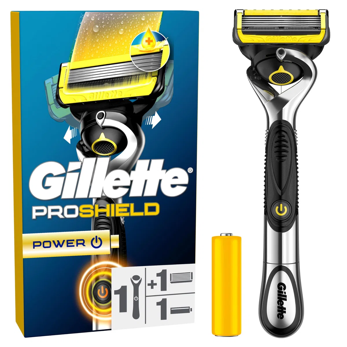 Gillette Rasoir Homme Proshield Power, Cartouche à 5 Lames, Argent | Manche Réutilisable, Tête Flexible en Acier Inoxydable Longue Durée, Bande Lubrifiante x2, 1 Recharge Jusqu’à 30 Rasages