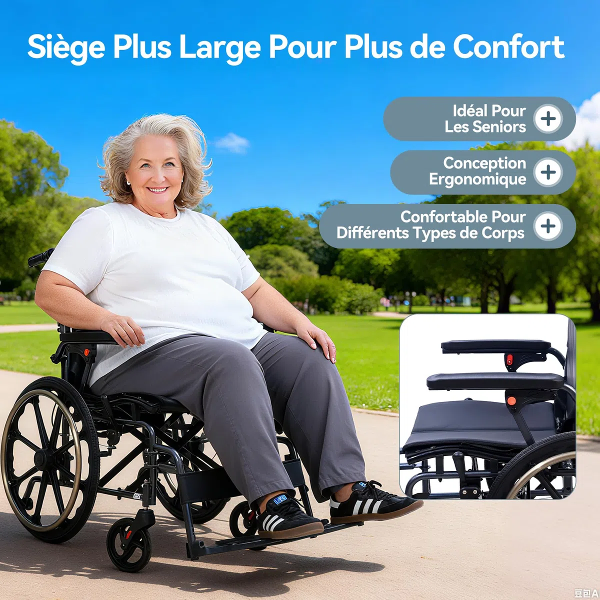 M4 Fauteuil roulant pliable léger avec double rembourrage d'assise, roues avant absorbant les chocs, cadre en aluminium léger, accoudoirs amovibles, pneus en caoutchouc sans entretien