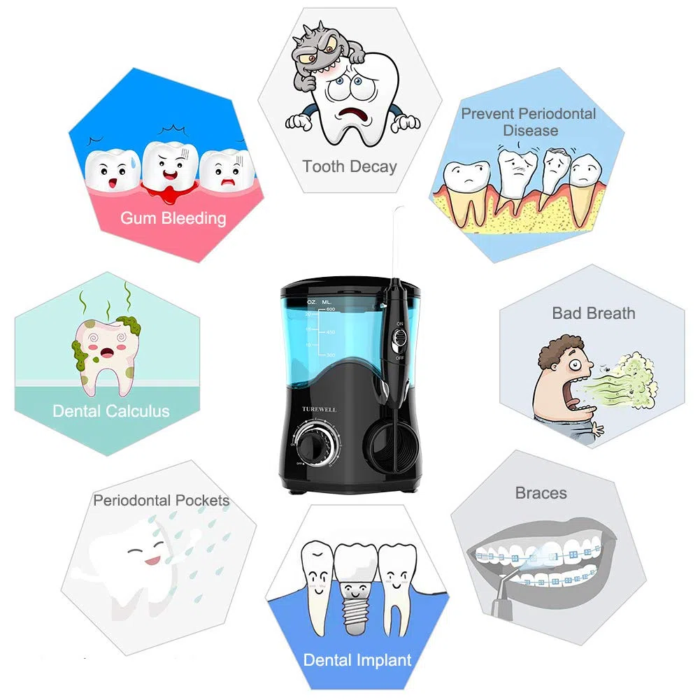 TUREWELL Hydropulseur Jet Dentaire avec 8 buses multifonctions, capacité de 600ml, 10 réglages de pression d'eau, approuvé FDA/CE Irrigateur Oral professionnel (Noir)