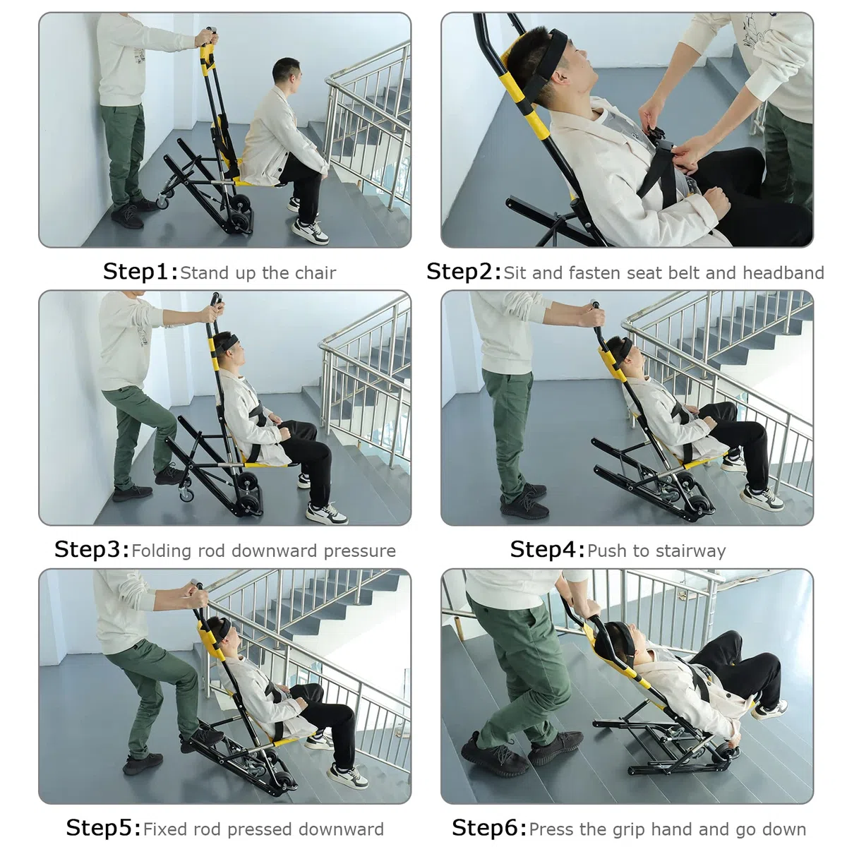 LOSCHEN Chaise d'escalier manuelle, jaune, pliable et portable pour le transfert quotidien, une personne peut soutenir une mobilité plus âgée, peut supporter une charge de 350 livres