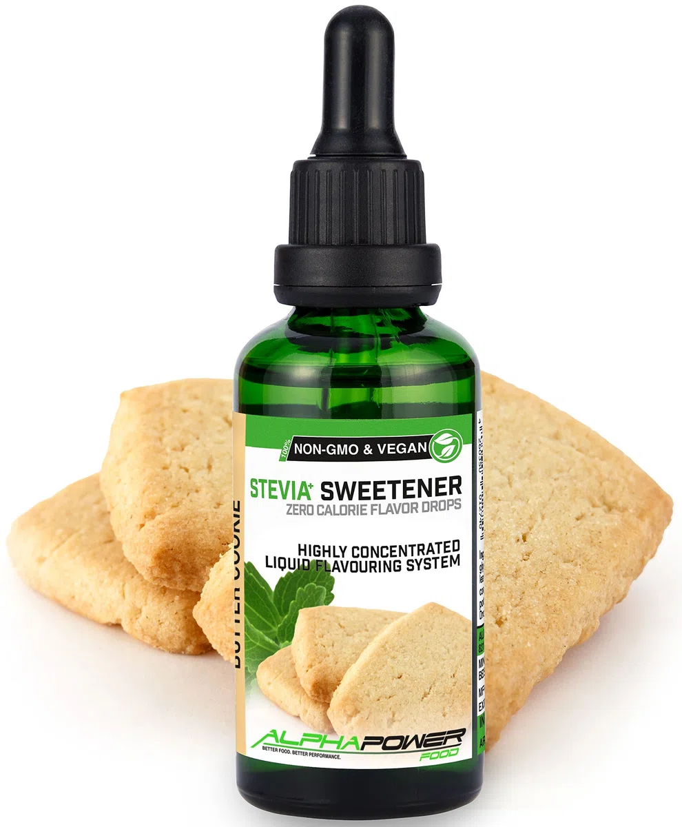 ALPHAPOWER FOOD Stevia liquide, arôme - SET SUPER ÉCONOMIQUE 5x50 ml chocolat blanc, biscuit au beurre, tarte aux pommes cannelle, Goût biscuit au chocolat et au beurre d'arachide, gâteau au fromage