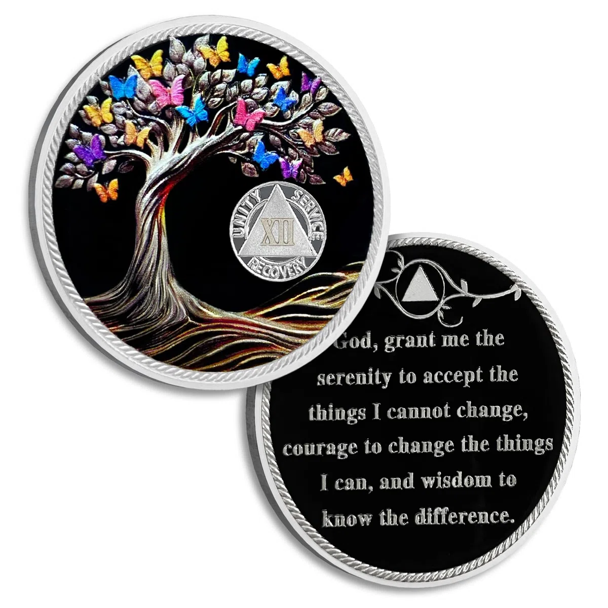 Pièce de monnaie de sobriété de 12 ans - Papillon - Arbre de vie - Puces AA et médaillons - Jeton de sobriété - Cadeau de sobriété pour homme et femme célébrant la récupération des alcooliques