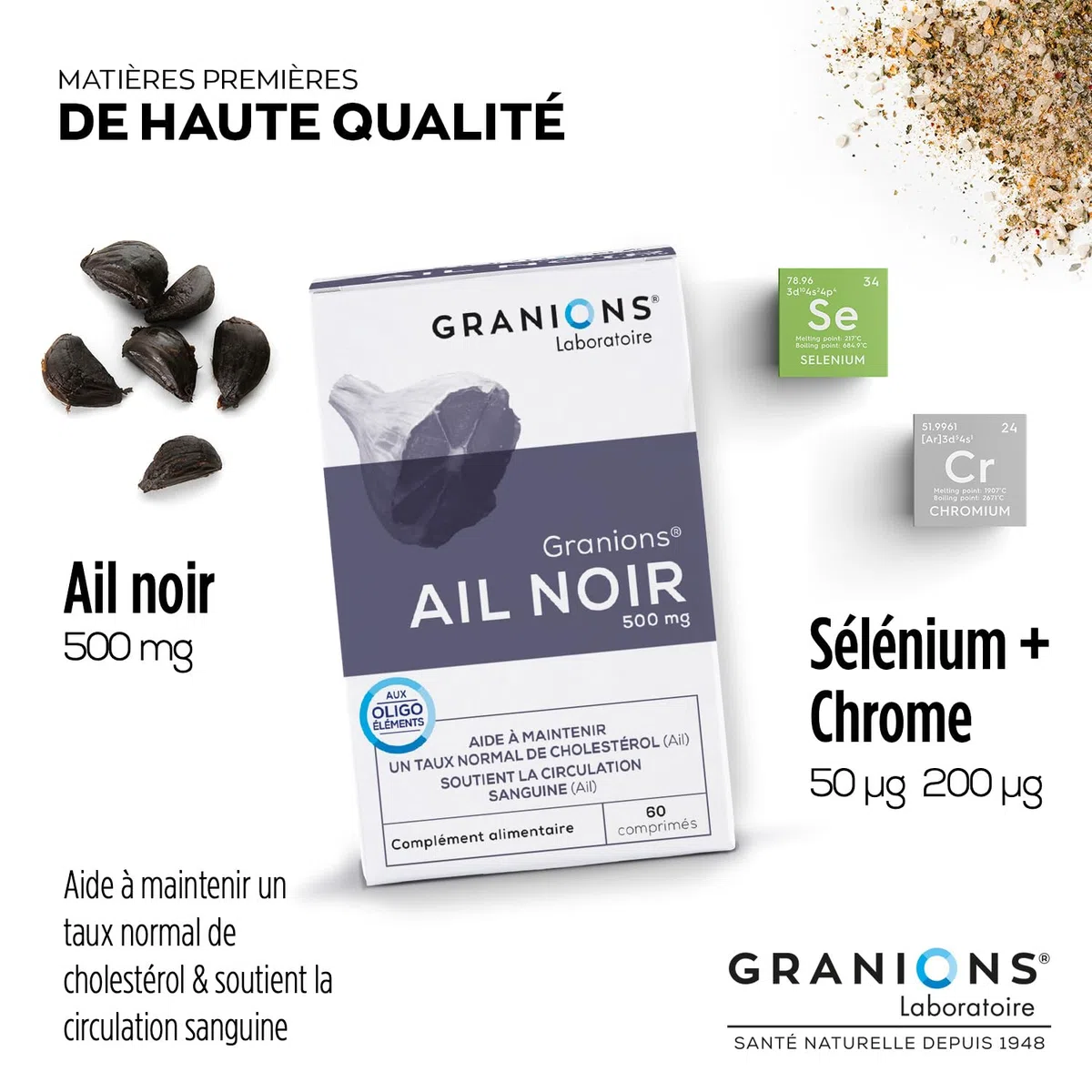 Ail Noir fermenté GRANIONS | Complement Alimentaire cholestérol | Riche en Ail noir fermenté 500 mg avec Selenium + Chrome | Anti cholesterol naturel | Made in France | 60 comprimés