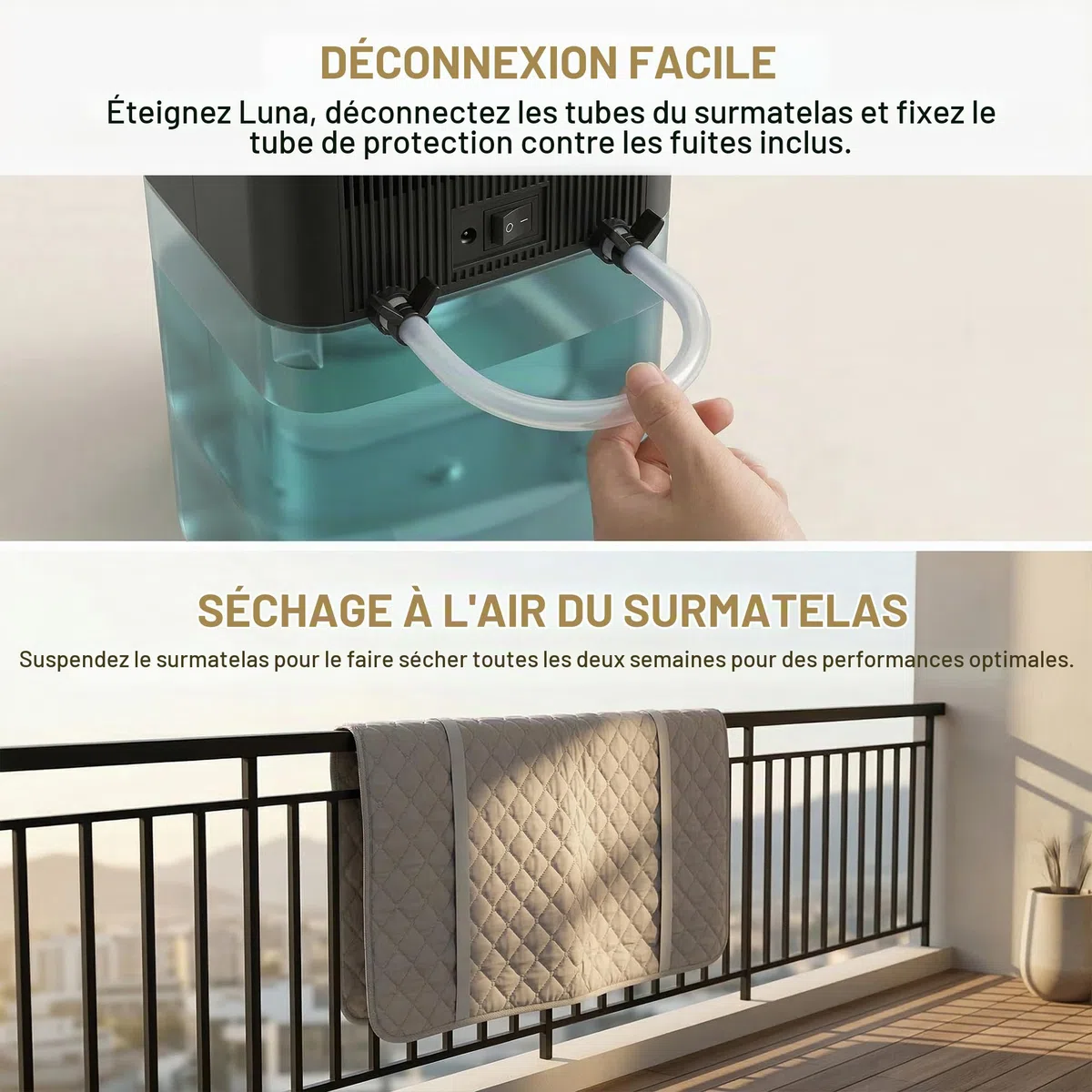Refroidisseur Luna pour Matelas à Eau - Silencieux et Compact | Confort Réversible Double Face, Circulation Liquide Réfrigérée, Endormissement Profond, sans Abonnement ni Frais Cachés -Gris