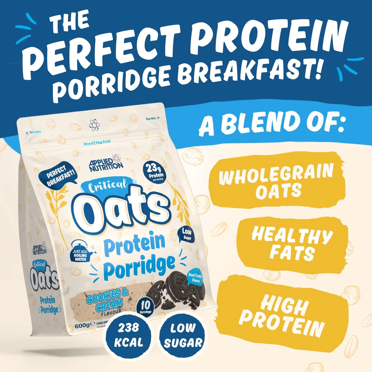 Applied Nutrition Critical Oats Porridge Protéiné, Protéine de Whey, Protéines de Lactosérum en Poudre avec Avoine Complète, Isolat de Protéines ISO-XP, Acides Aminés (600g, Cookie & Cream)