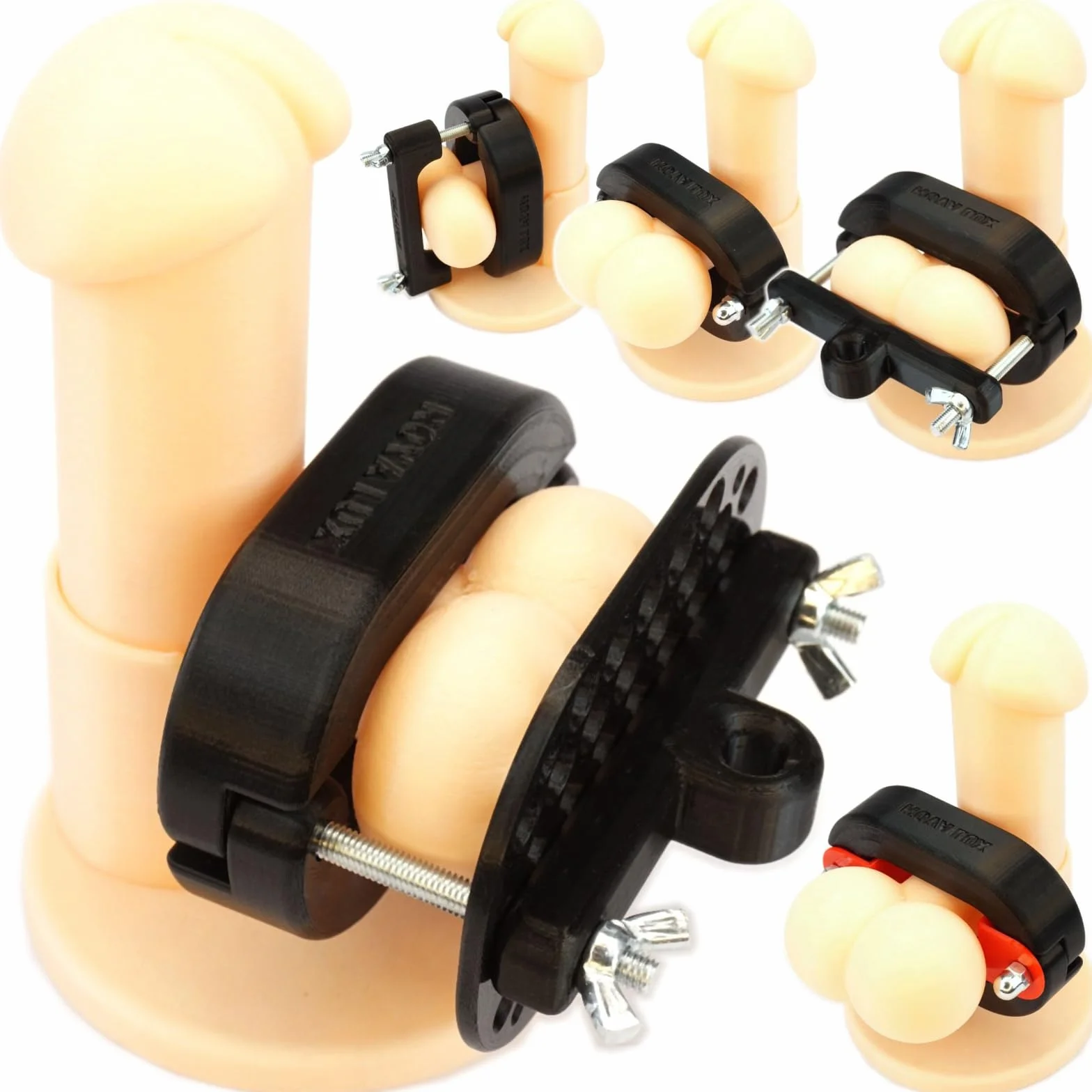 GRIP-MAX-RANGER, pince pour scrotum, set avec anneau de serrage Crusher, harnais, cage d'érection pour testicules et scrotum de Nova Lux, CBT