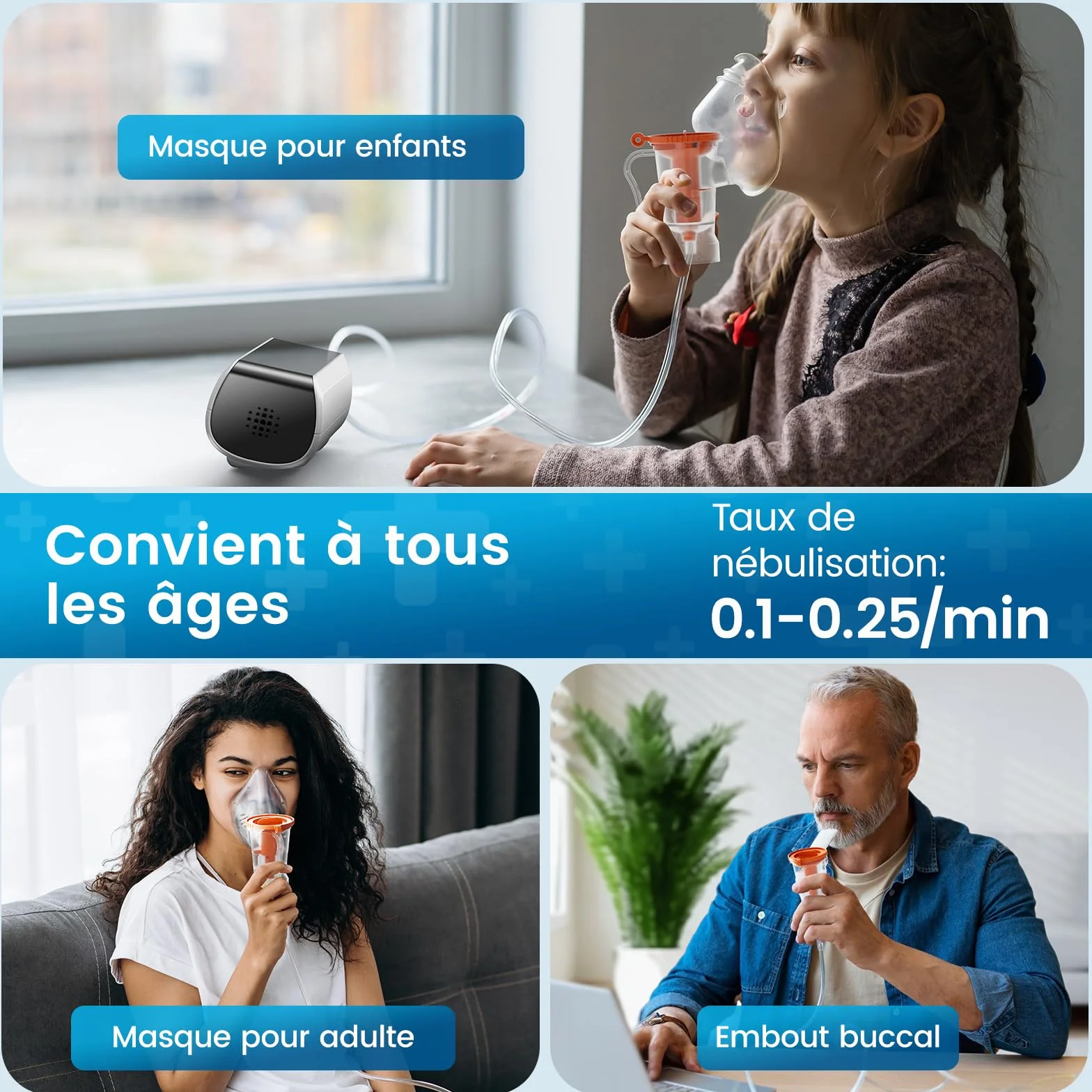 Aerosol per Bambini Adulti, Macchina Aerosol Regolabile con Boccaglio e 2 Mascherine, Aerosol a Ultrasuoni, Aerosol per Bambini con Display Digitale per Tosse, Asma