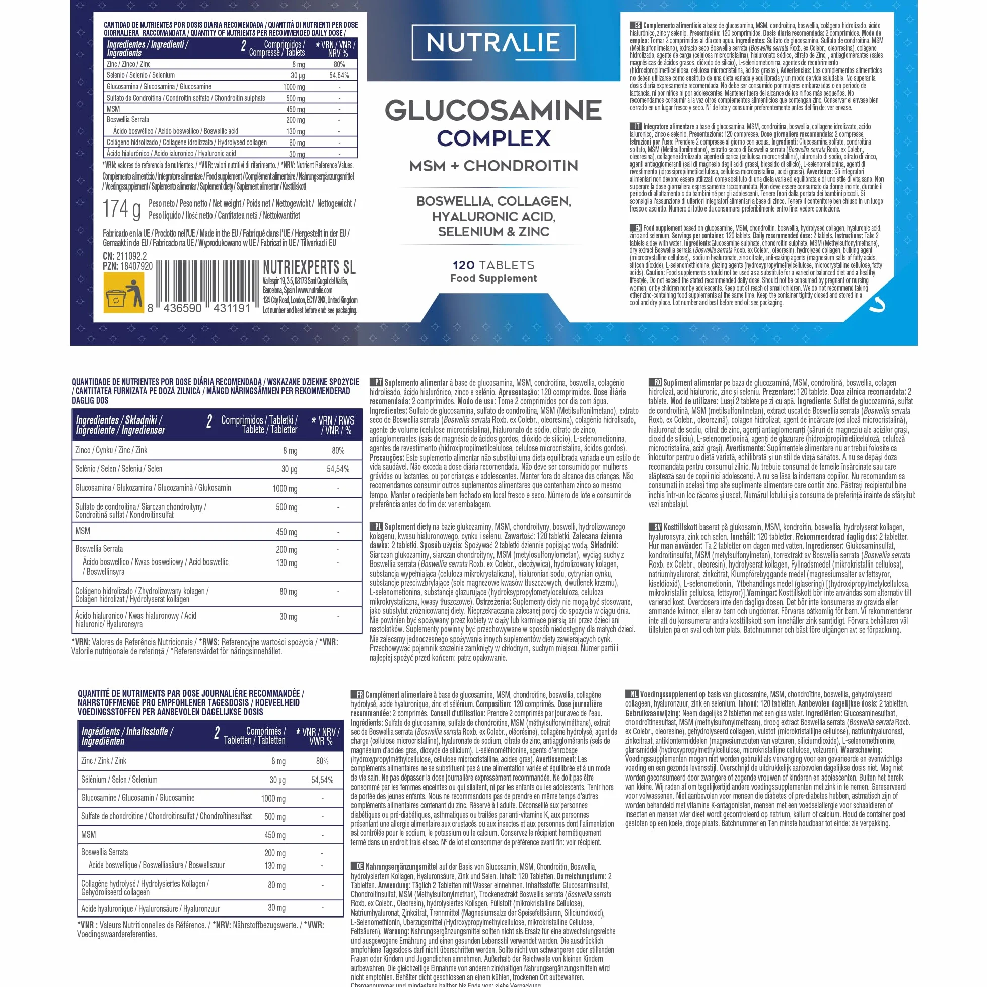 Glucosamine Chondroïtine et MSM, Acide Hyaluronique, Collagène, Boswellia, Sélénium et Zinc - 120 comprimés Glucosamine Complex Nutralie