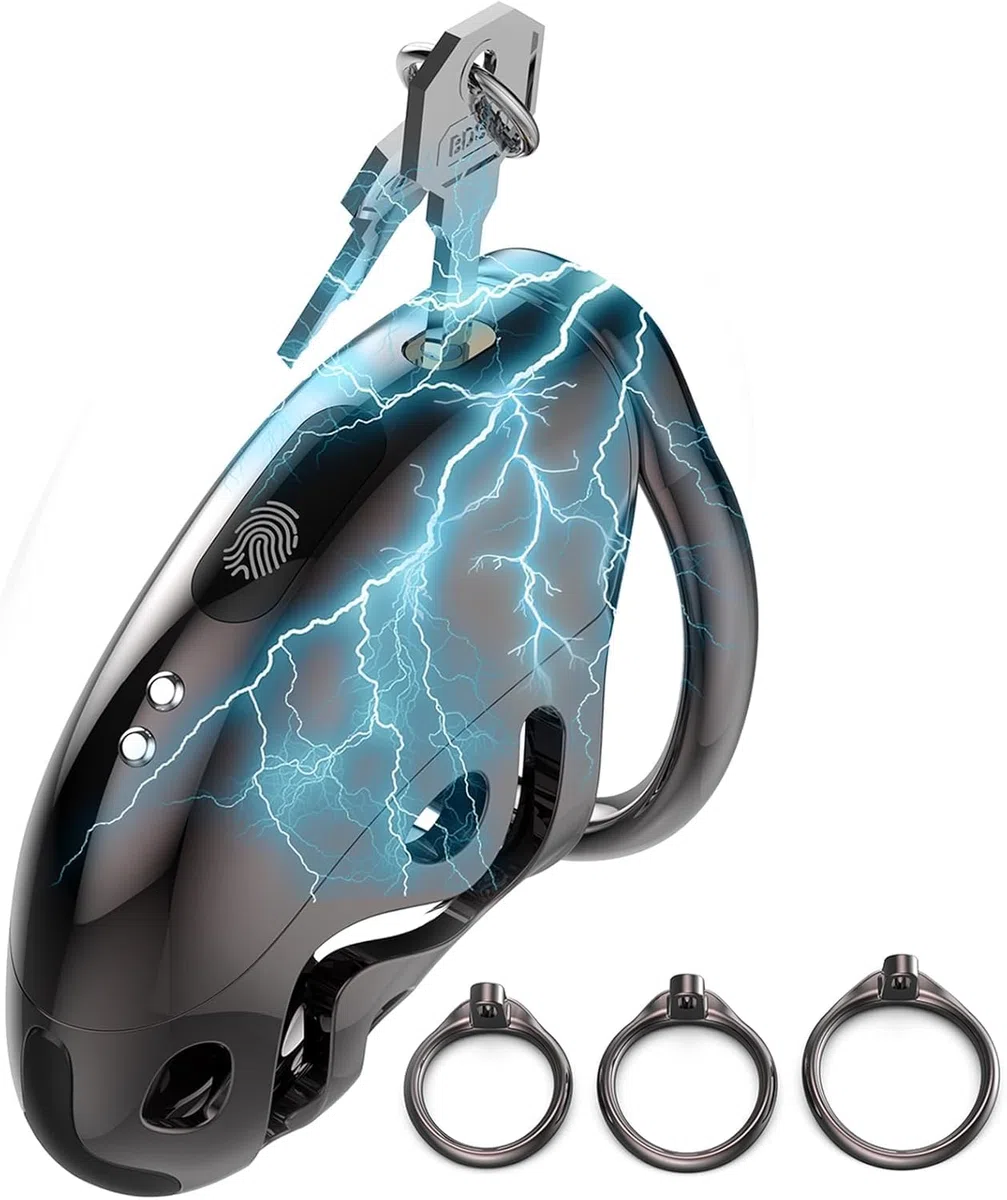 Cage de chasteté à électrochocs pour hommes,Cage à pénis avec 6 niveaux d'électrostimulation & 3 anneaux réglables, sextoy imprimé en 3D pour la stimulation du pénis et l'entraînement intime