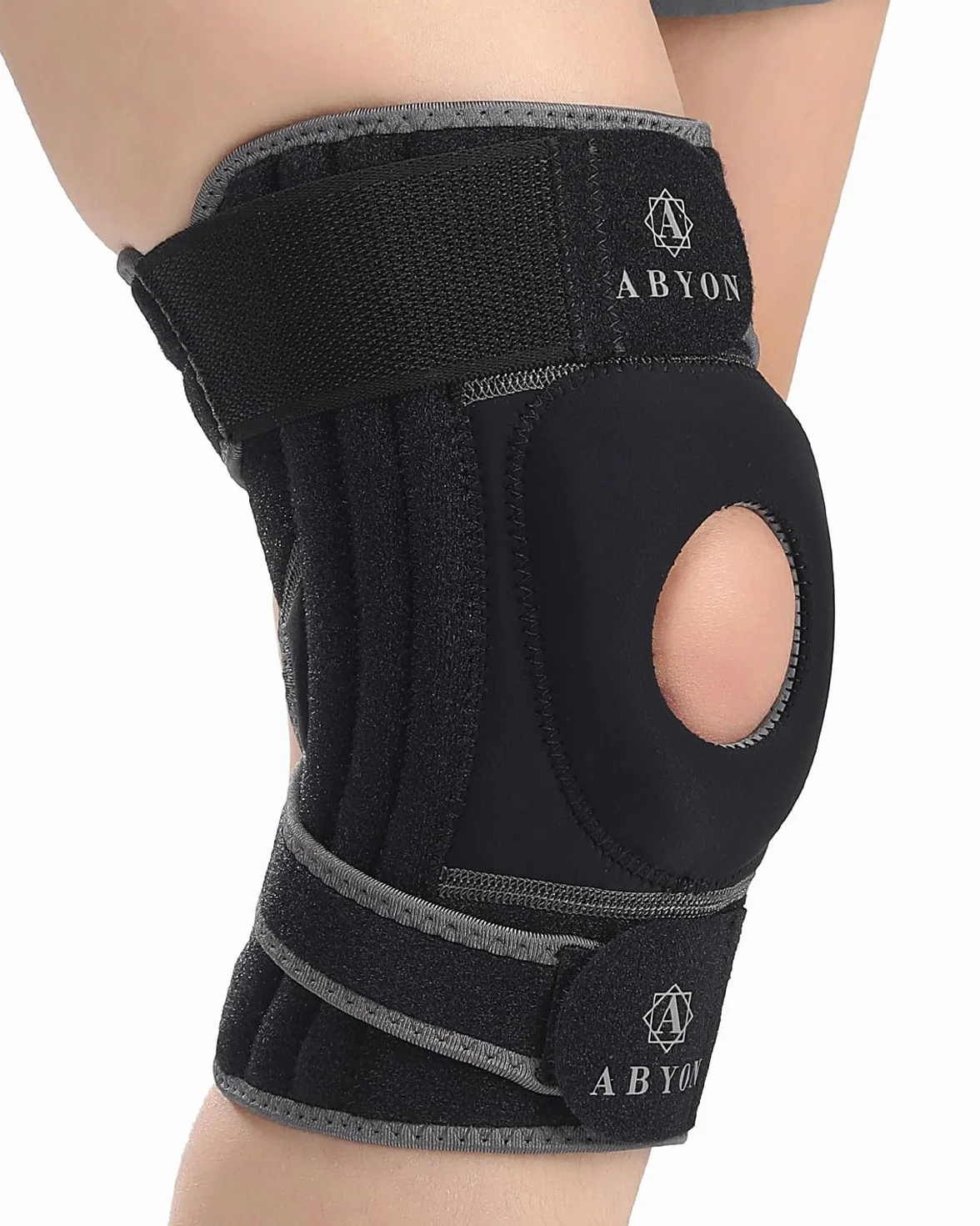 ABYON ELITE Genouillère Hommes & Femmes avec sangles antidérapantes réglables 4 niveaux et stabilisateurs latéraux – Attelle de genou pour douleurs, arthrite, LCA, ménisque, genou du coureur