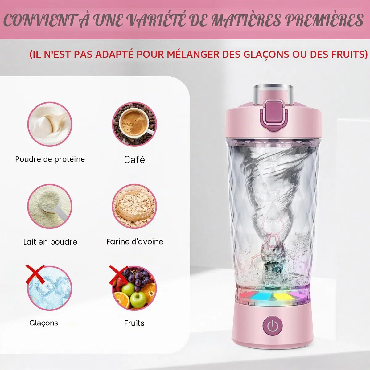 SOARFLY Shaker électrique avec compartiment à poudre, 650 ml, rechargeable, avec USB C, pour poudre et milkshake, sans BPA, rose