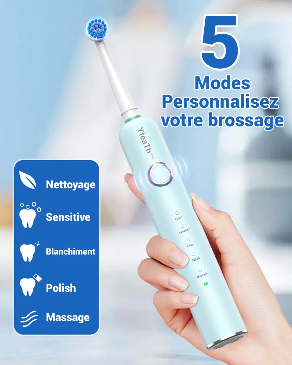 Brosse À Dent Électrique Rotatives Famille - Brosses À Dents Rotatives pour Adultes Enfant, 8 Têtes de Brosse et Étui de Voyage, 5 Modes, Étanche IPX7, Brosse A Dent Electrique de Voyage, Bleu Clair