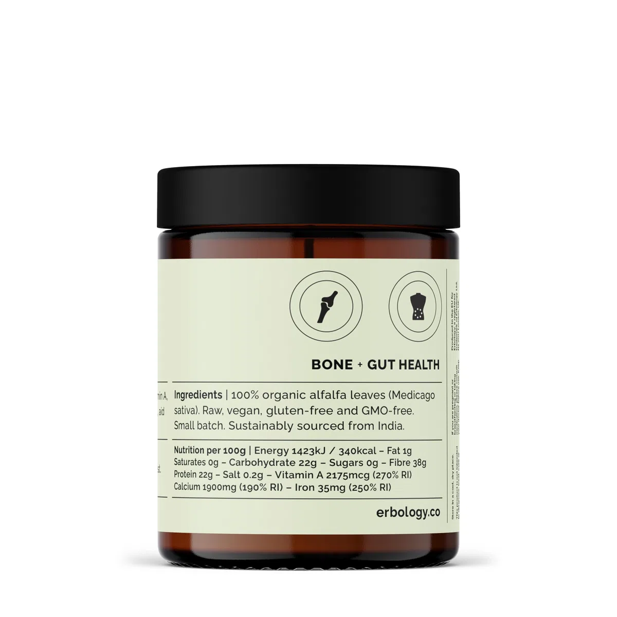 Erbology Poudre de luzerne biologique 90 g – 45 portions – Favorise la santé des os et de l'intestin – Riche en vitamine A, calcium et fer – provenant de sources durables directement de la ferme –