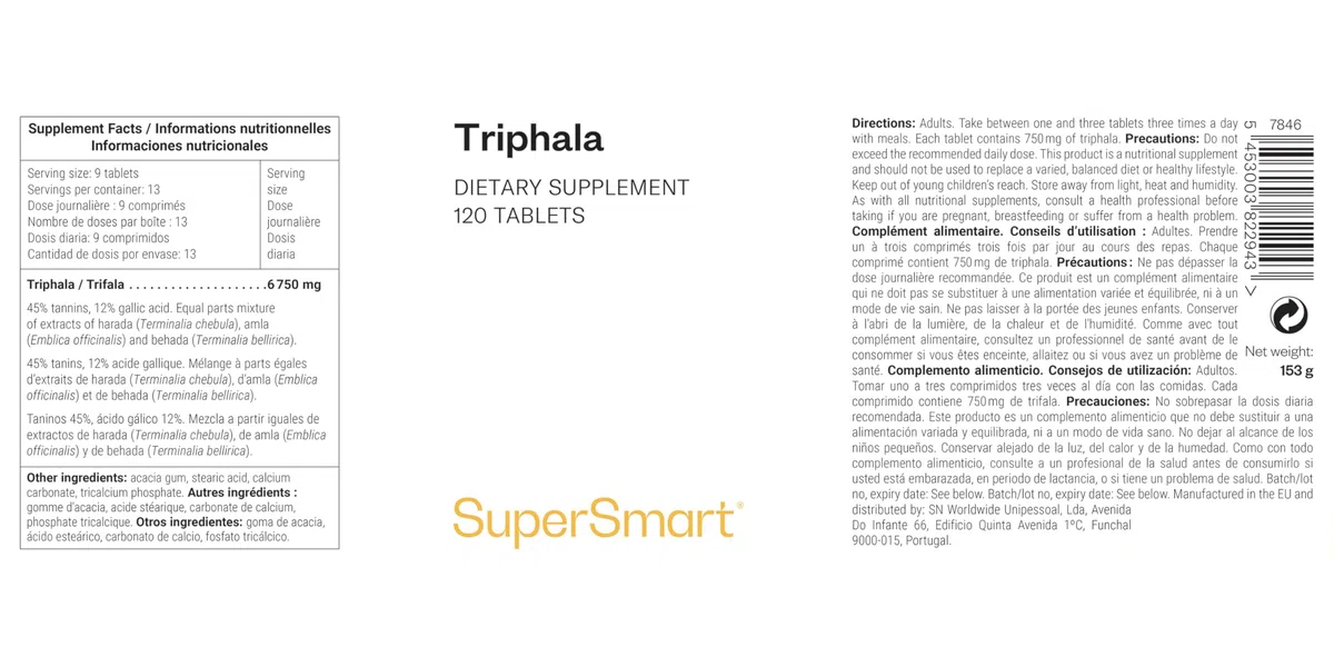 Triphala – Santé du Foie et Détox Intestinale - Complément Alimentaire Ayurvédique – Antioxydant Naturel en Comprimés – Detox foie et intestin - 120 comprimés – SuperSmart