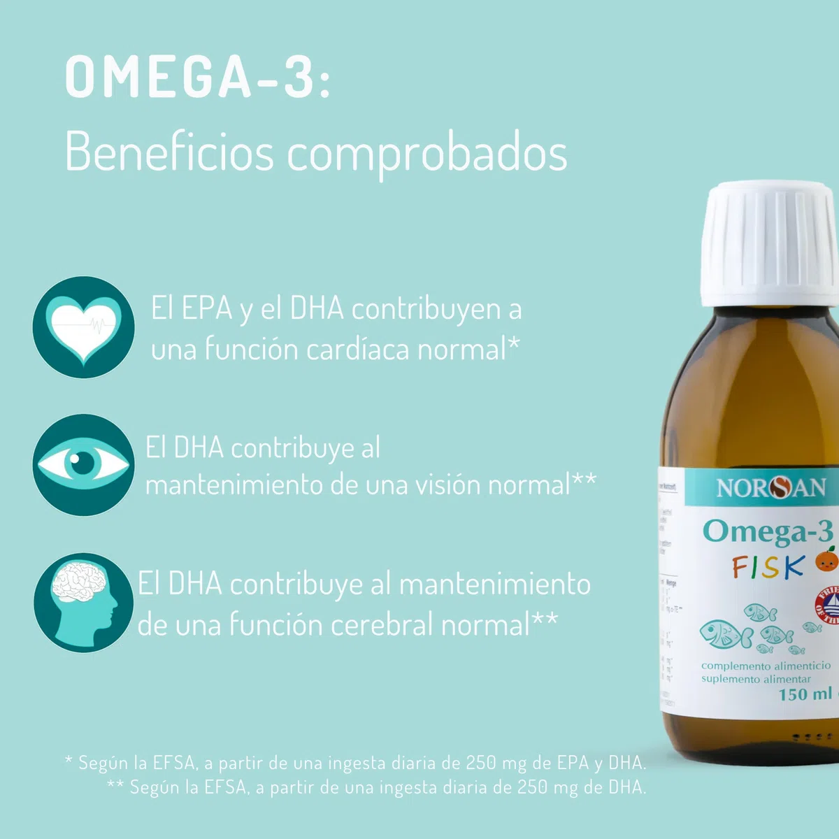 NORSAN OMEGA 3 FISK hautement dosé 150 ml/oméga-3 pour enfant 1.120mg par dose journalière/omega 3 enfant avec EPA & DHA/dose journalière 1 cuillère à café huile de poisson