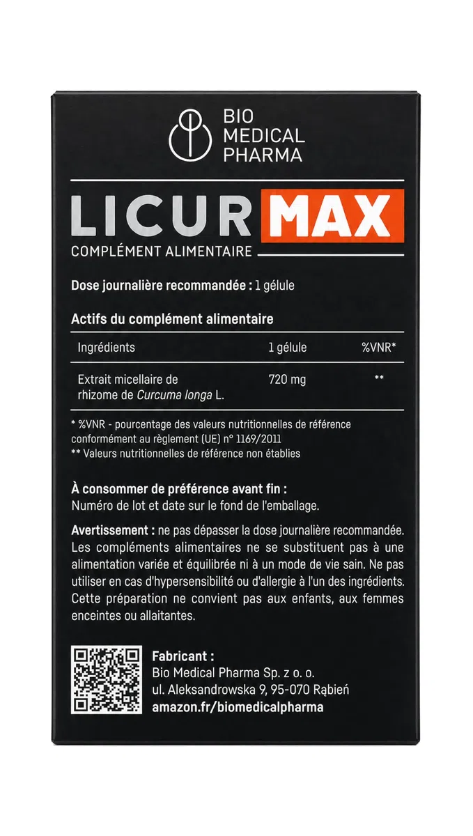 Curcumine de curcuma – 185x mieux absorbée – 1 gélule par jour sans pipérine – Technologie micellaire NovaSOL – Gélules véganes – Licur Max (60 gélules, 2 mois)