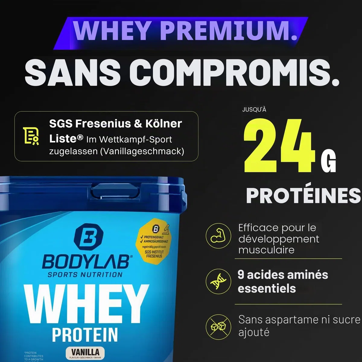 Bodylab24 Whey Protein Powder Double Chocolate 2kg, pour des muscles plus forts, protéine de lactosérum peut favoriser la construction musculaire, avec 80% de protéines, sans aspartame