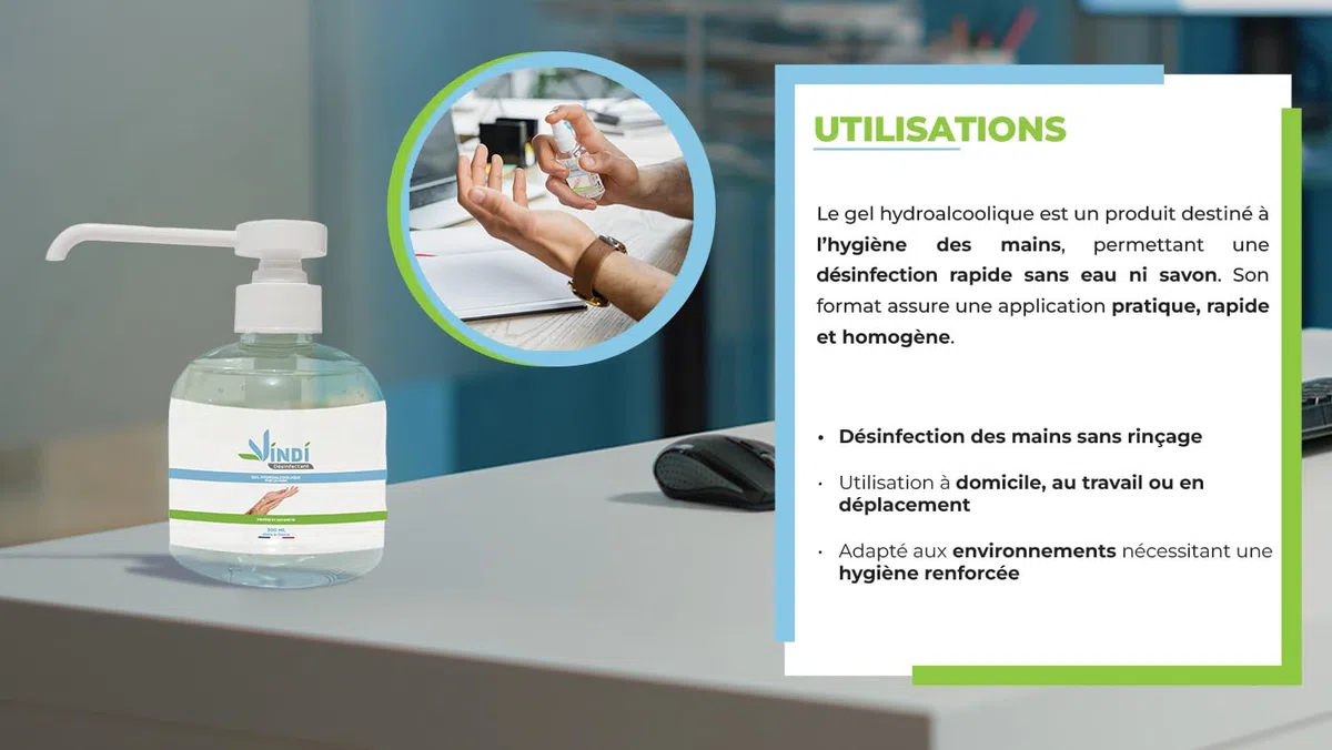 Vindi Désinfectant gel hydroalcoolique - Lot de 5 flacons pompe de 300ml - Fabrication Française - 76% d'alcool - Désinfection des mains - Virucide