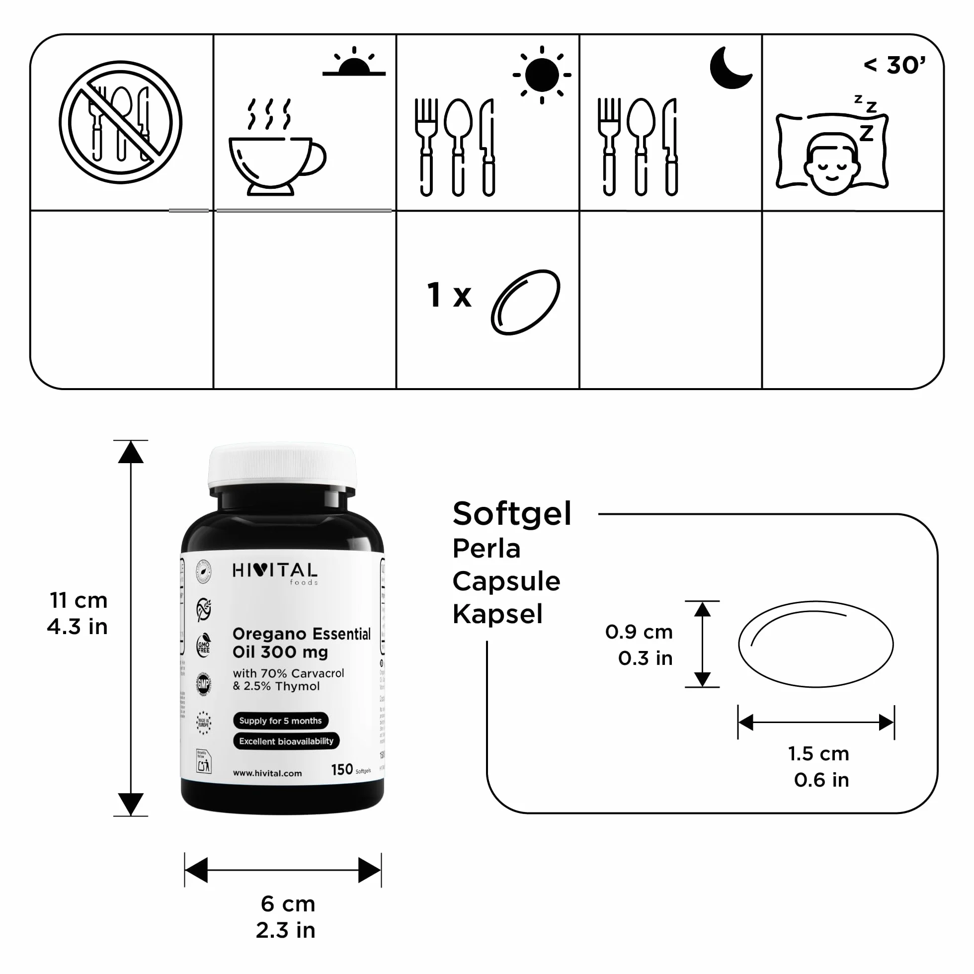 Huile d'Origan 300 mg. 150 capsules pour 5 mois. Avec de l'huile d'olive extra vierge, 70% de carvacrol et 2,5% de thymol par capsule. 100% naturel, sans gluten, sans OGM. Fabriqué par Hivital
