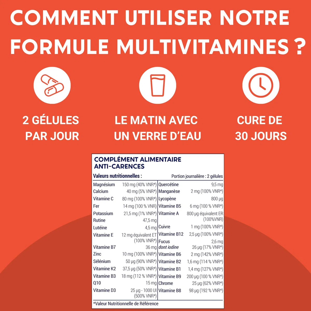 FORMULE MULTIVITAMINES et Minéraux 30 Nutriments | Vitamine A B C D E K, Quercetine, Magnesium, Zinc, Coenzyme Q10, Selenium | Complement Alimentaire | Fabriqué en France | 60 gélules
