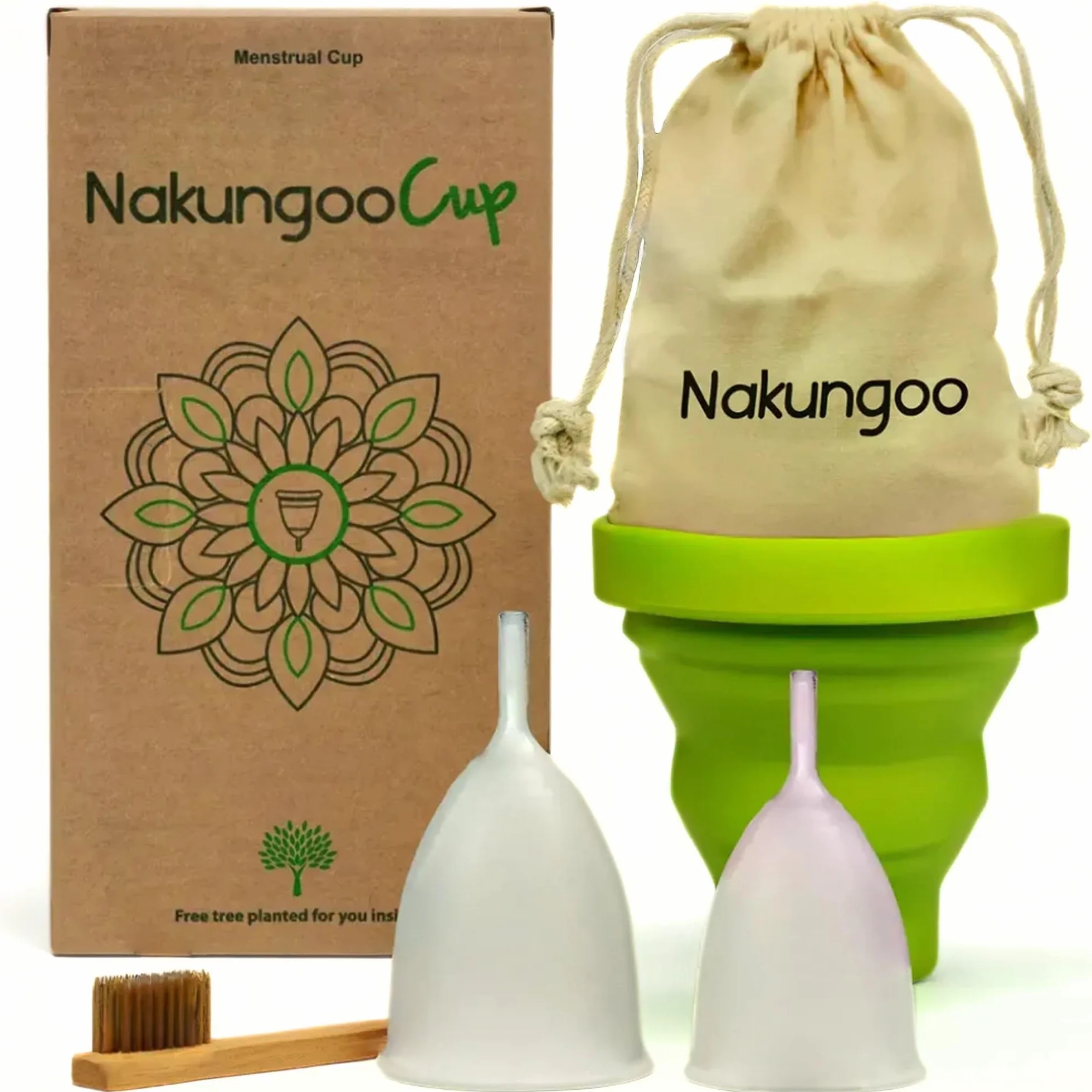 Nakungoo Cup Coupe Menstruelle Souple 100% Silicone Medical Certifié, Hypoallergénique, Reutilisable pour Flux Abondant | Lot Complet 2 Tailles (S et L) avec Sterilisateur, Pochette et Brosse