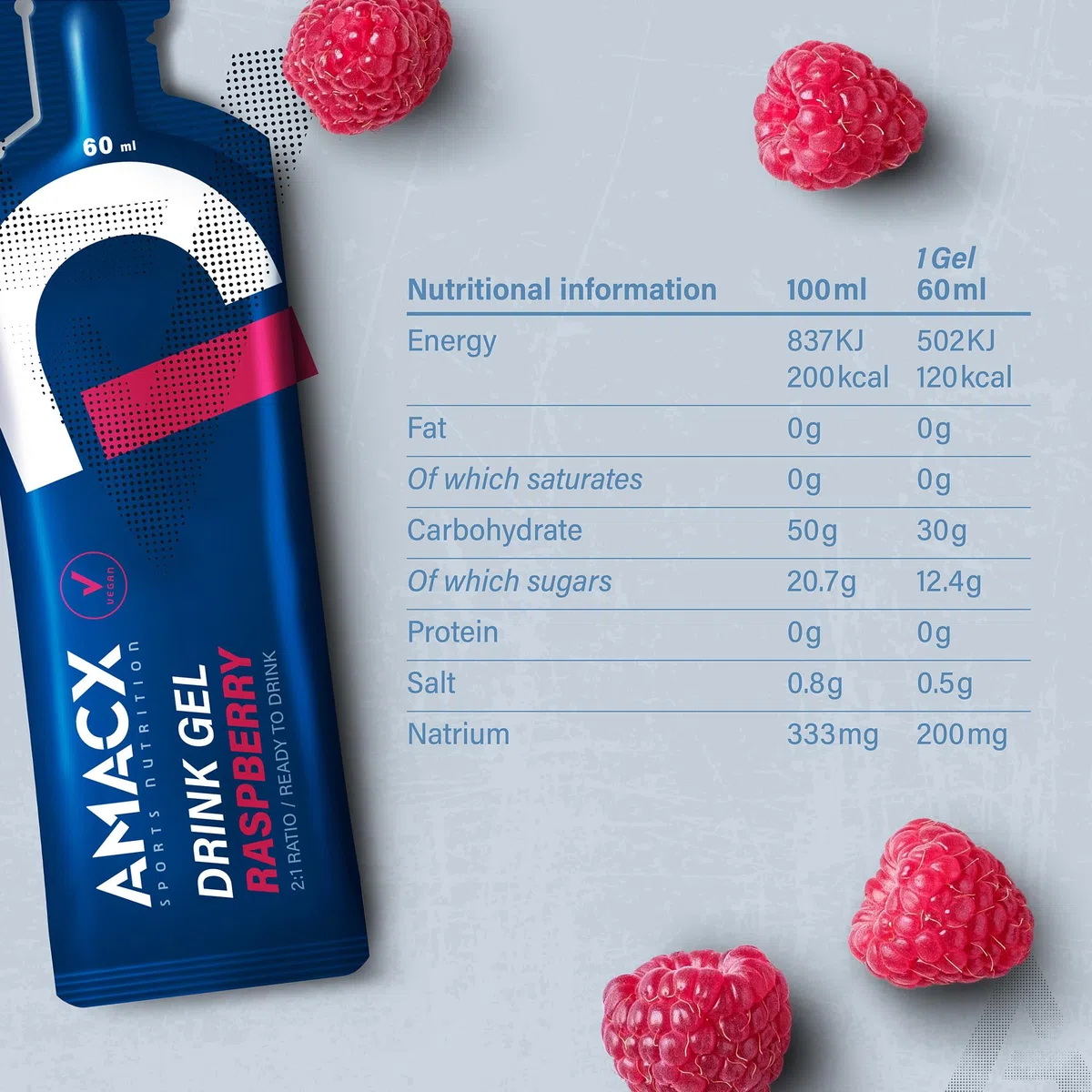 AMACX Energy Gel – Gel Energetique Velo et Course a Pied – Paquet de 12 – Gel sportif avec maltodextrine et Electrolyte – 30g de Glucides et 200mg de Sodium – Framboise