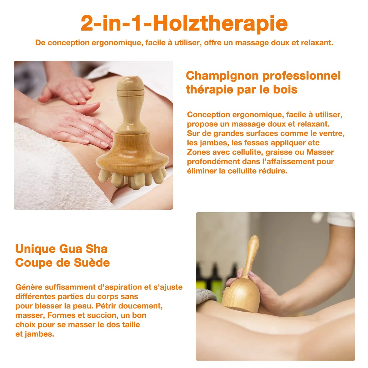 Maderotherapie Set d'outils de Massage Bois Coupes de Massage et Champignon de Massage, Masseur Cellulite, Drainage Lymphatique,Masseur Anti Cellulite