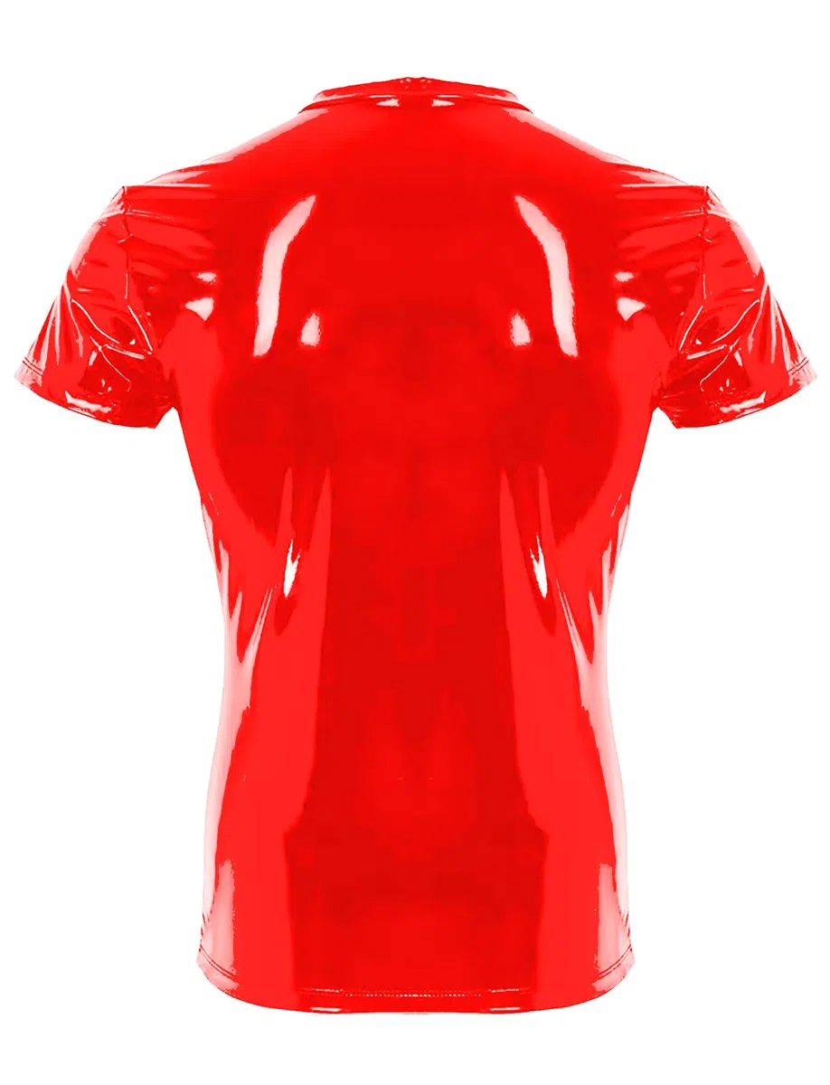 AIEOE T-shirt en cuir verni pour homme - Effet mouillé - Manches courtes - Sexy - Brillant - Tenue de fête