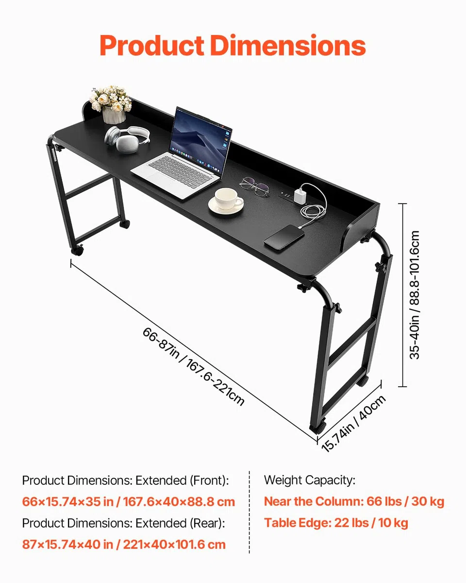VEVOR Table de lit Mobile, Table d'appoint avec 4 roulettes (Dont 2 avec Freins) et Prise de Courant, Bureau au-Dessus du lit réglable en Hauteur, en Panneaux de Particules, pour Maison, Bureau, Noir