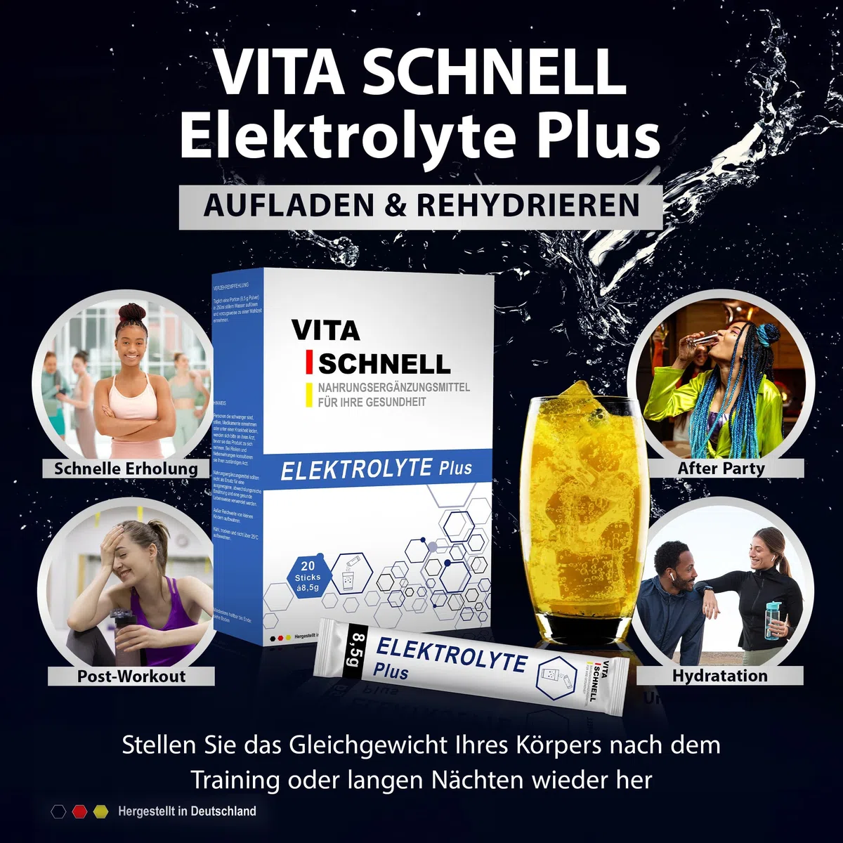 VITA SCHNELL Electrolytes Plus solution de réhydratation - perte d'eau et de sels corporels, après le sport - 3x 20 sticks de 8,5 g