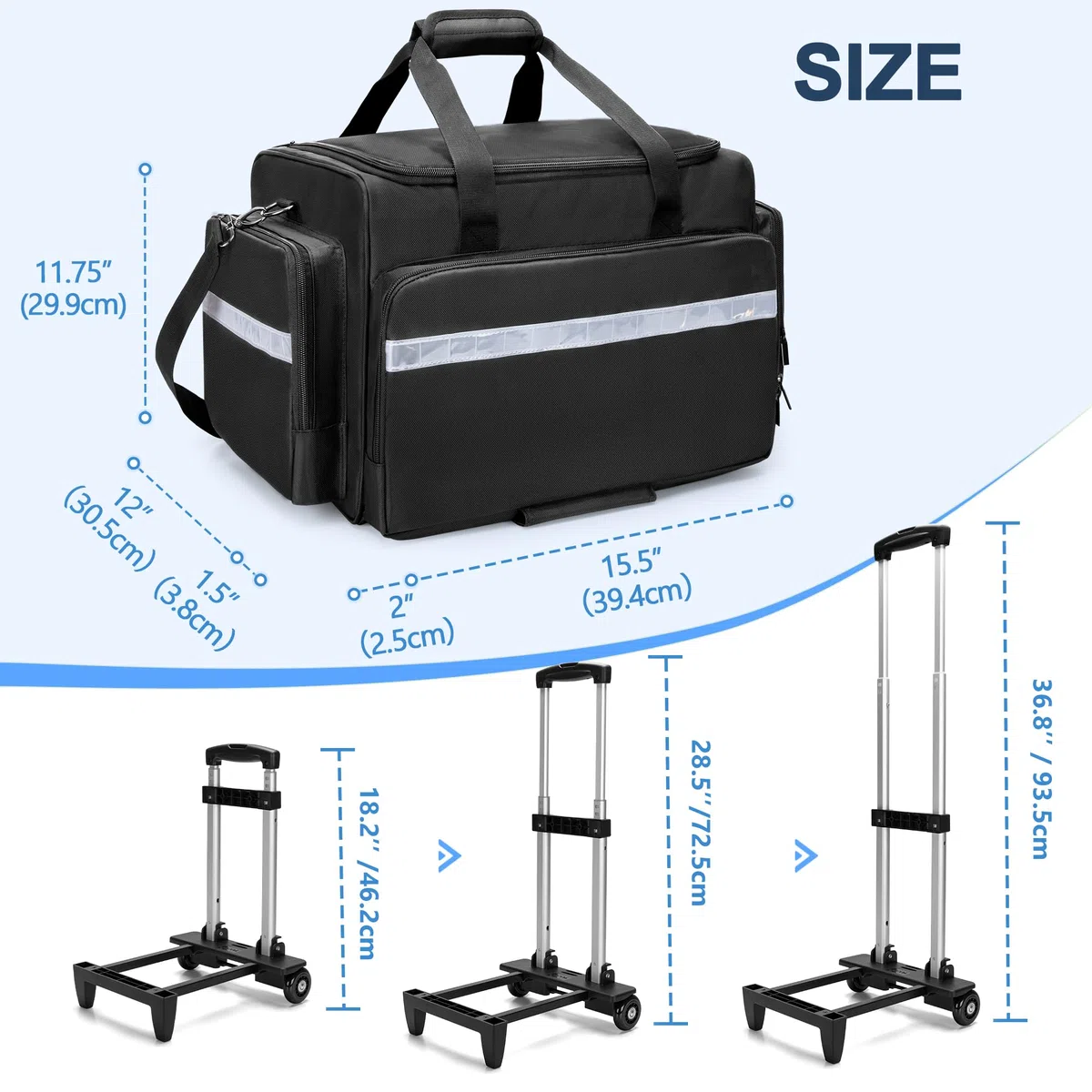 Damero Trousse de Secours Vide avec Chariot Amovible, Sac Médical à roulettes avec Séparateurs Amovibles, kit de Sauvetage d'urgence pour pour Médecins, Professionnels EMS, Noir