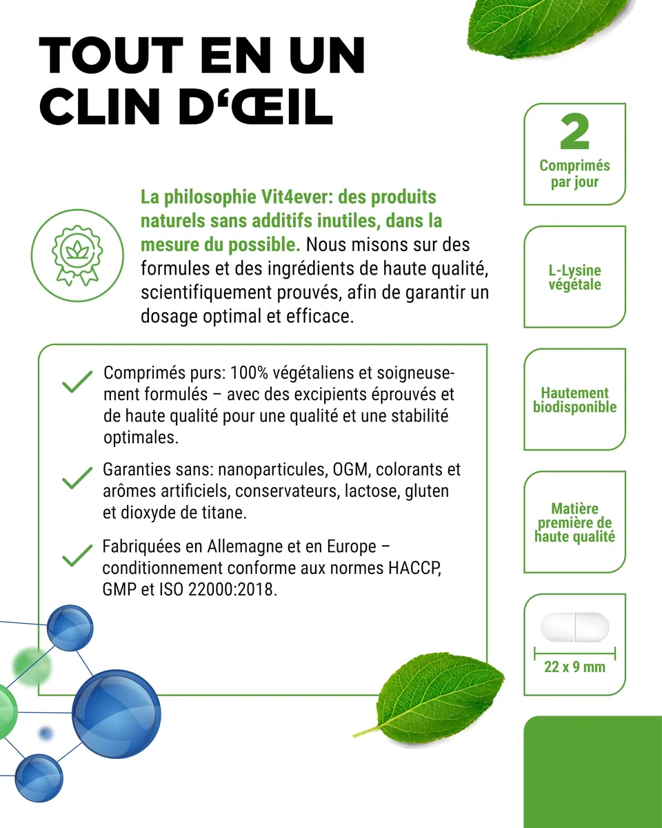 L-Lysine - 365 Comprimés - Fortement Dosé avec 2000 mg de L-Lysine HCL par Jour - Issu de Fermentation Végétale - sans Additifs Indésirables - Végétalien