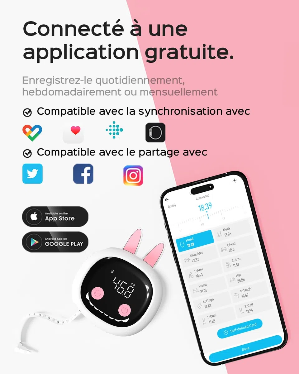 Mètre Ruban Corps Rétractable | Connecté avec Application pour Mesure du Corps, Suivi Fitness et Perte de Poids, Rechargeable, 60 Pouces/150 cm
