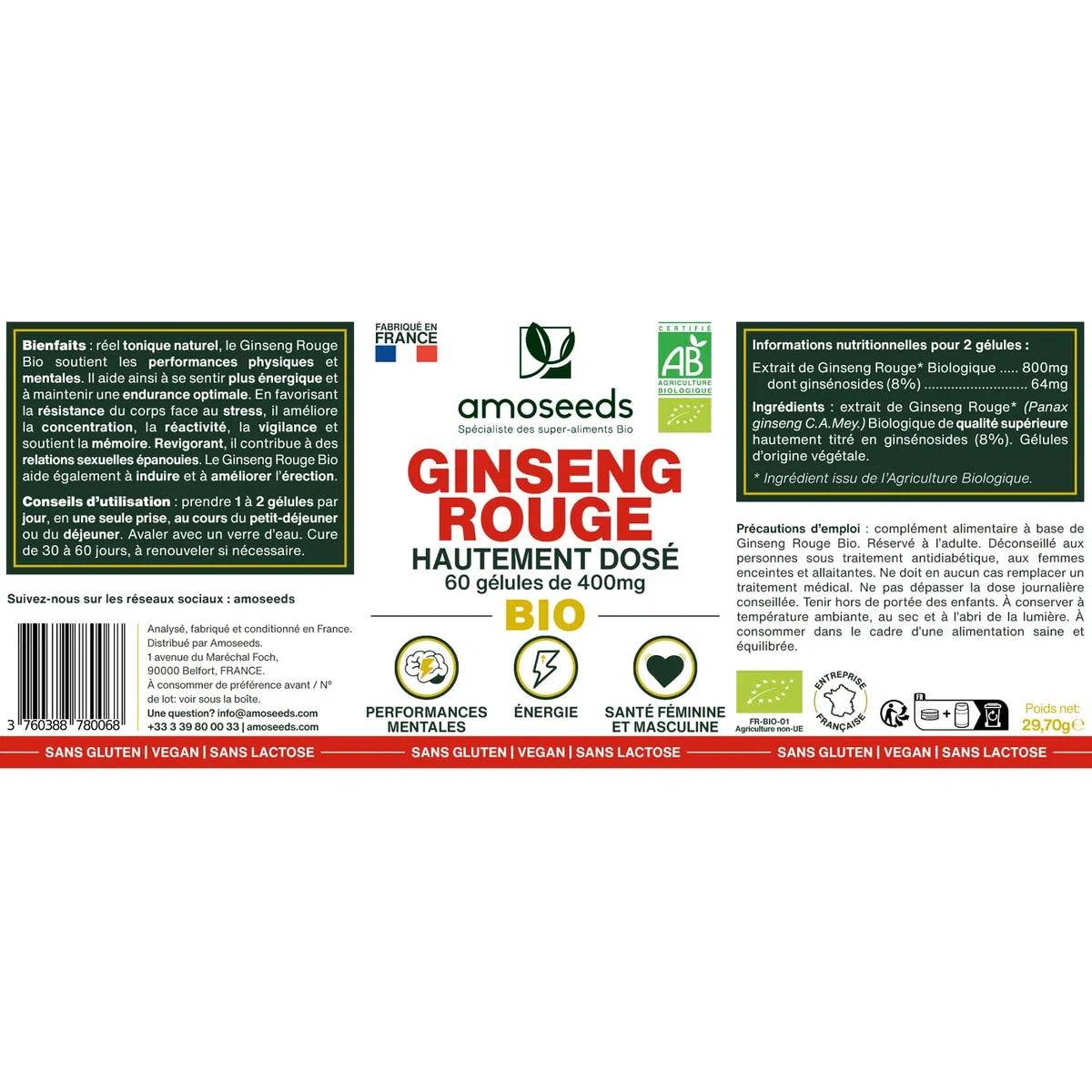 Panax Ginseng Rouge BIO de Corée | Extrait haute concentration | Énergie, Vigueur, Anti-stress, Concentration | 60 gélules de 400mg | Qualité Supérieure